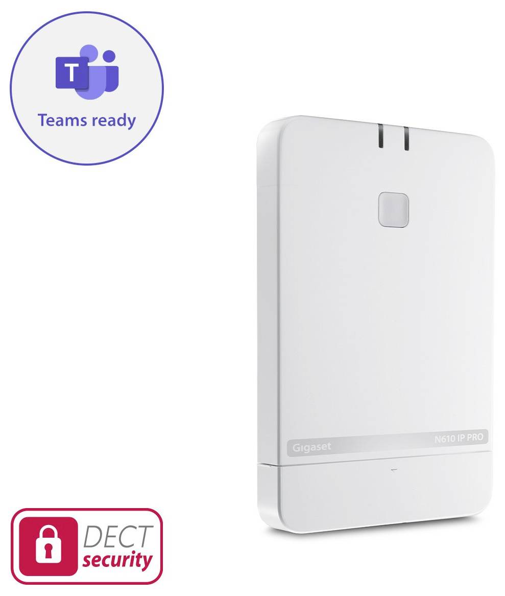 Weiße Gigaset N610 IP PRO Basisstation mit Abzeichen „Teams ready