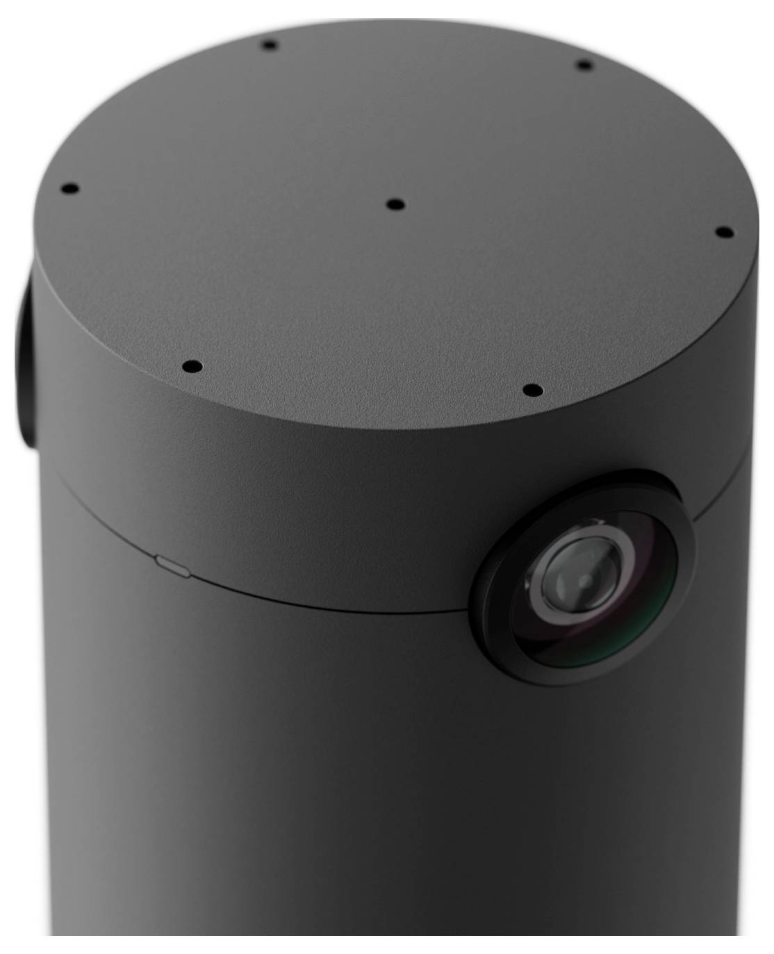 Schwarze zylindrische Sicherheitskamera mit einem Objektiv an der Seite, dargestellt in Nahaufnahme vor einem einfachen weißen Hintergrund.