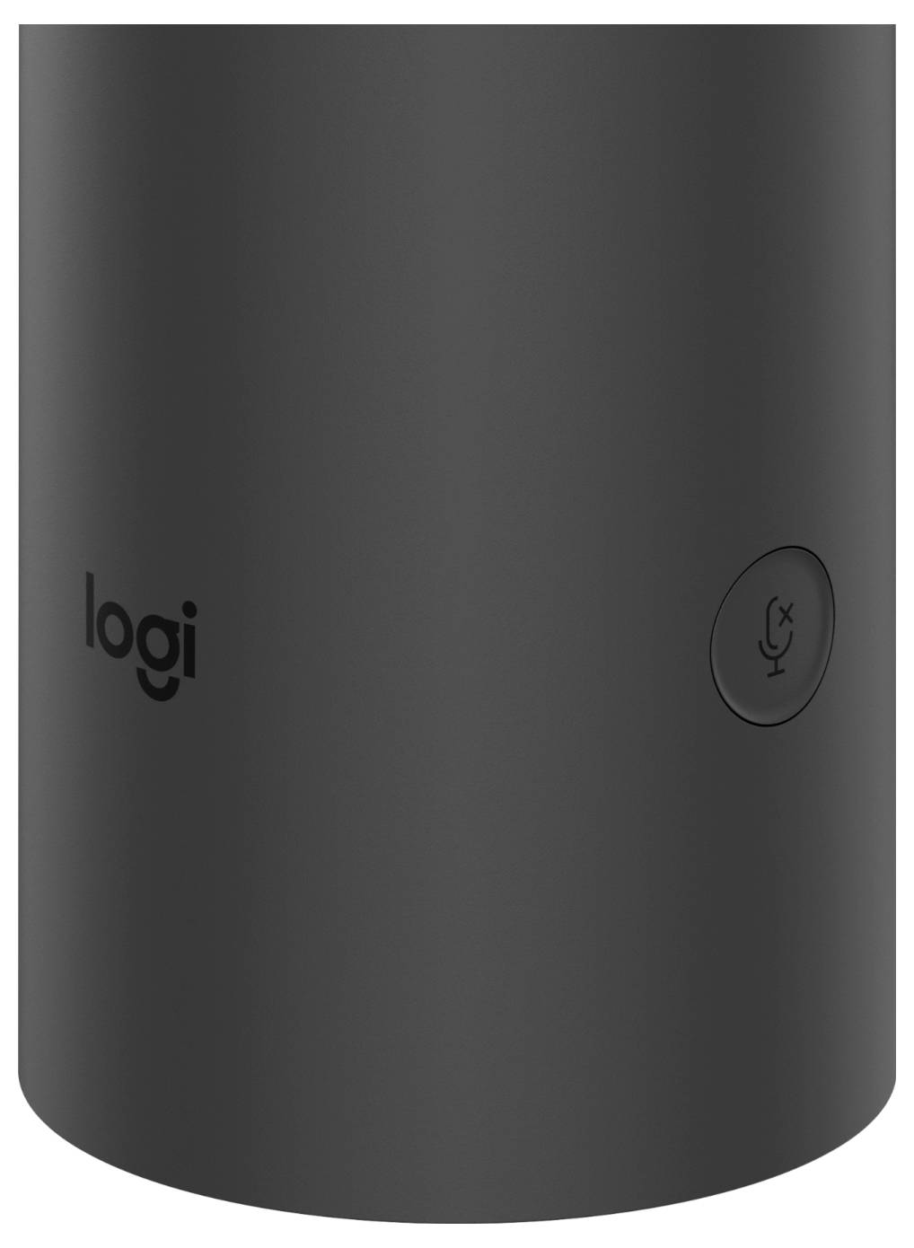 Nahaufnahme eines schwarzen Logitech-Geräts mit dem 'logi'-Logo und einem runden Stummschaltknopf für das Mikrofon.