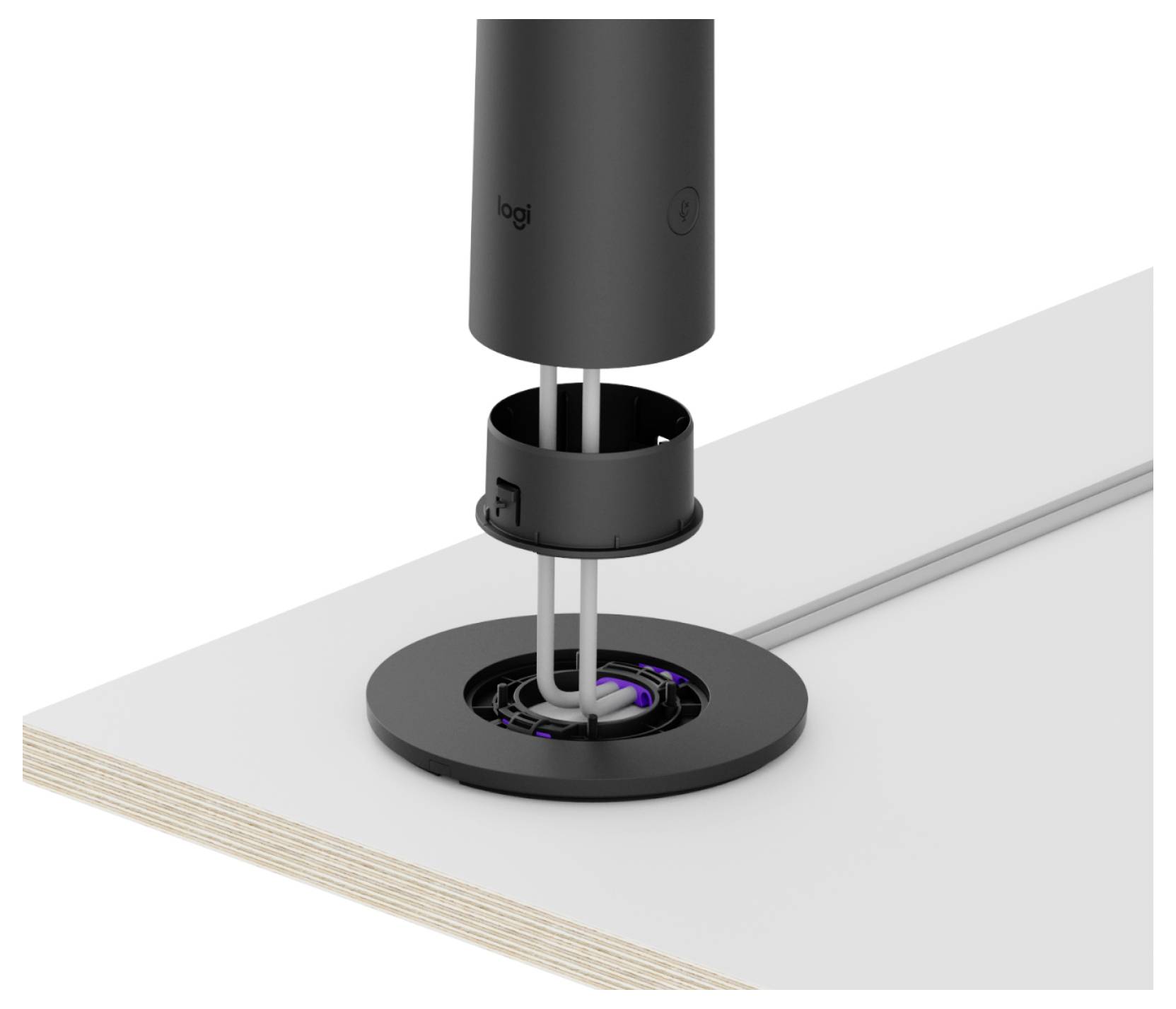 Schwarzes Schreibtisch-Kabeldurchlass mit Mittelpol und verborgenem Kabel-Routingmechanismus, der durch eine Schreibtischoberfläche montiert wird.