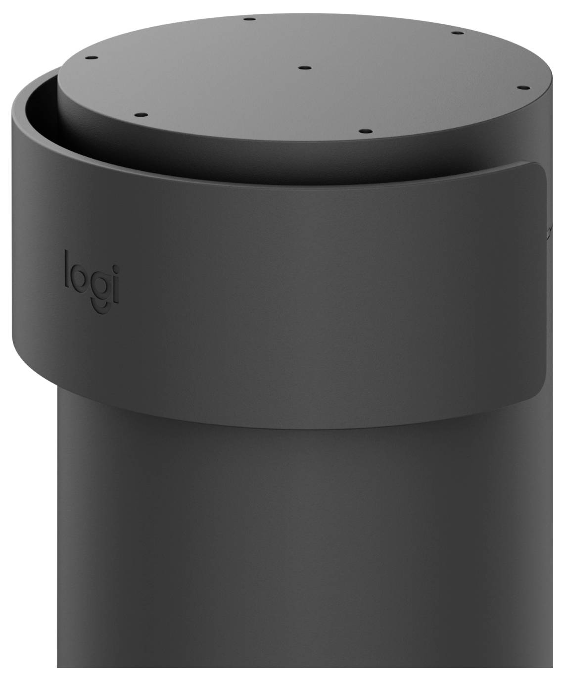 Schwarzer zylindrischer Logitech-Lautsprecher mit perforierter Oberseite und erhabenem Logo an der Seite, vor weißem Hintergrund dargestellt.