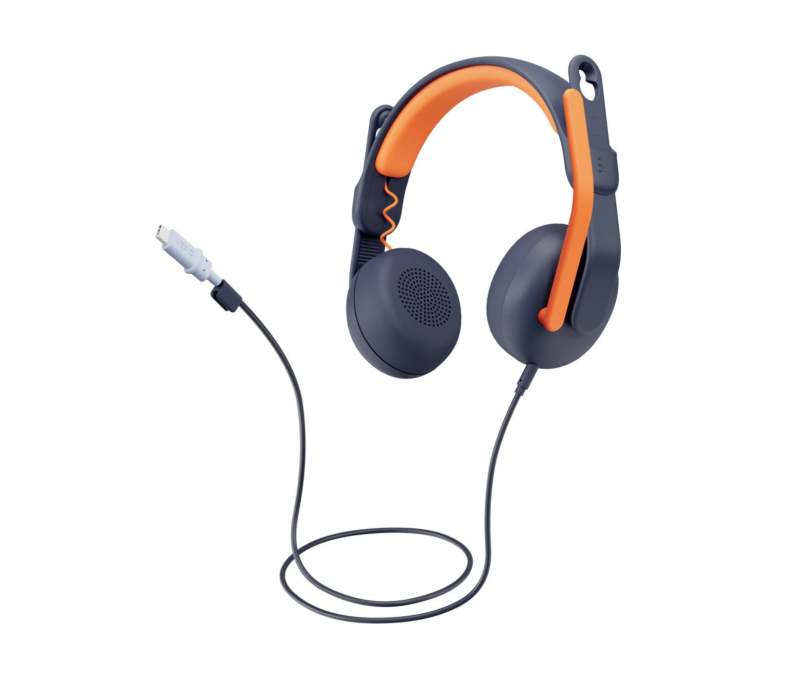 Schwarz-orange kabelgebundenes Over-Ear-Headset mit Boom-Mikrofon und USB-Anschluss auf weißem Hintergrund.