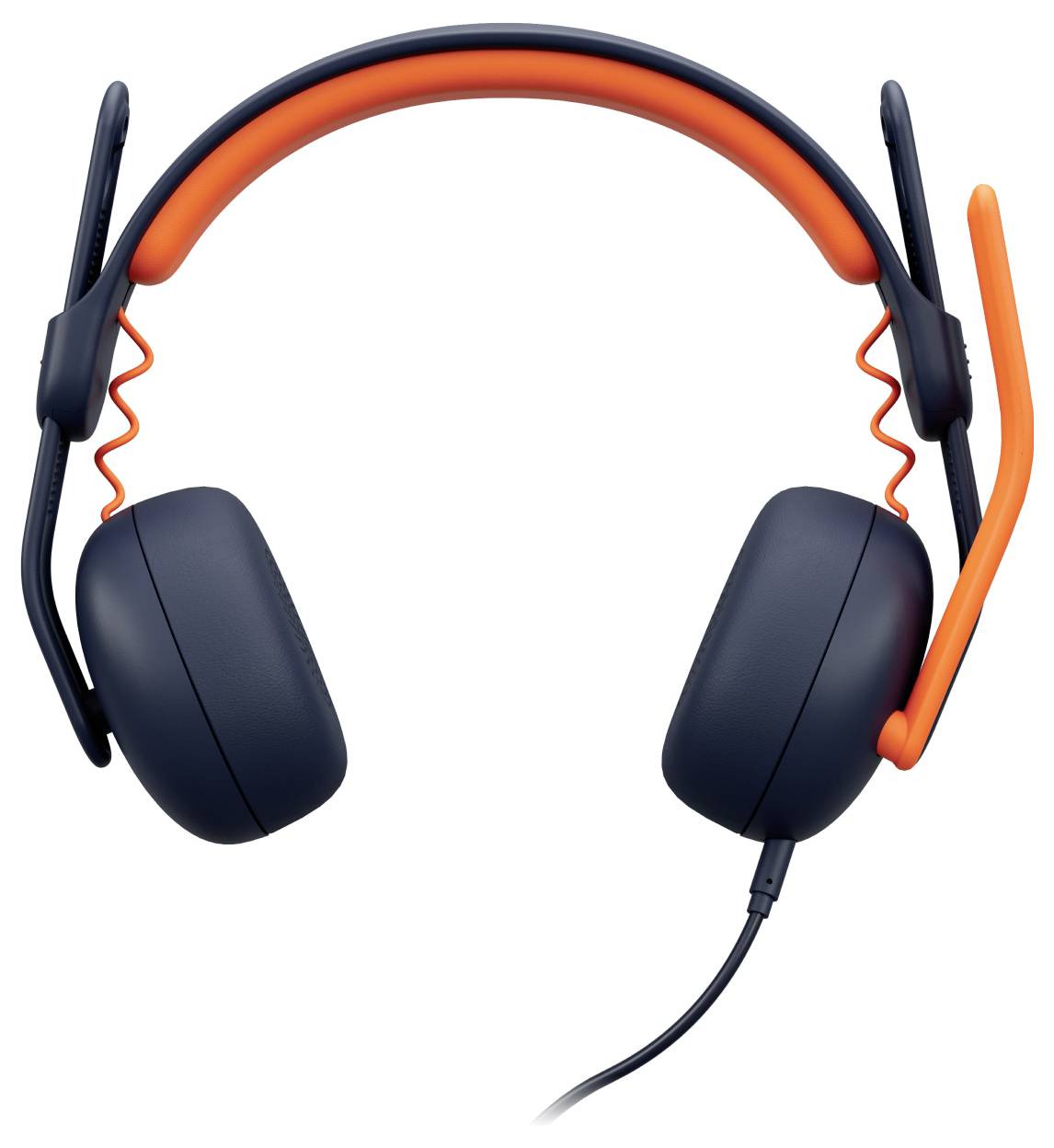 Schwarzes und orangefarbenes Over-Ear-Kopfhörer mit Kabelanschluss und Schwenkboom-Mikrofon.