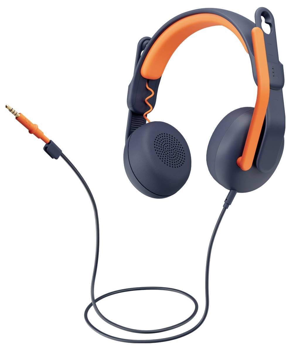 Schwarze und orange Over-Ear-Kopfhörer mit Kabel, Mikrofon-Ausleger und 3,5-mm-Audiostecker auf weißem Hintergrund