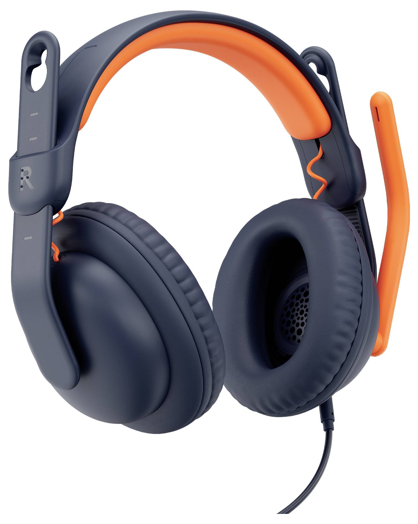 Schwarz-oranges Over-Ear Gaming-Headset mit Kabel, gepolsterter Kopfbügel, Mikrofonarm und linken/rechten Ohrmuscheln auf weißem Hintergrund.