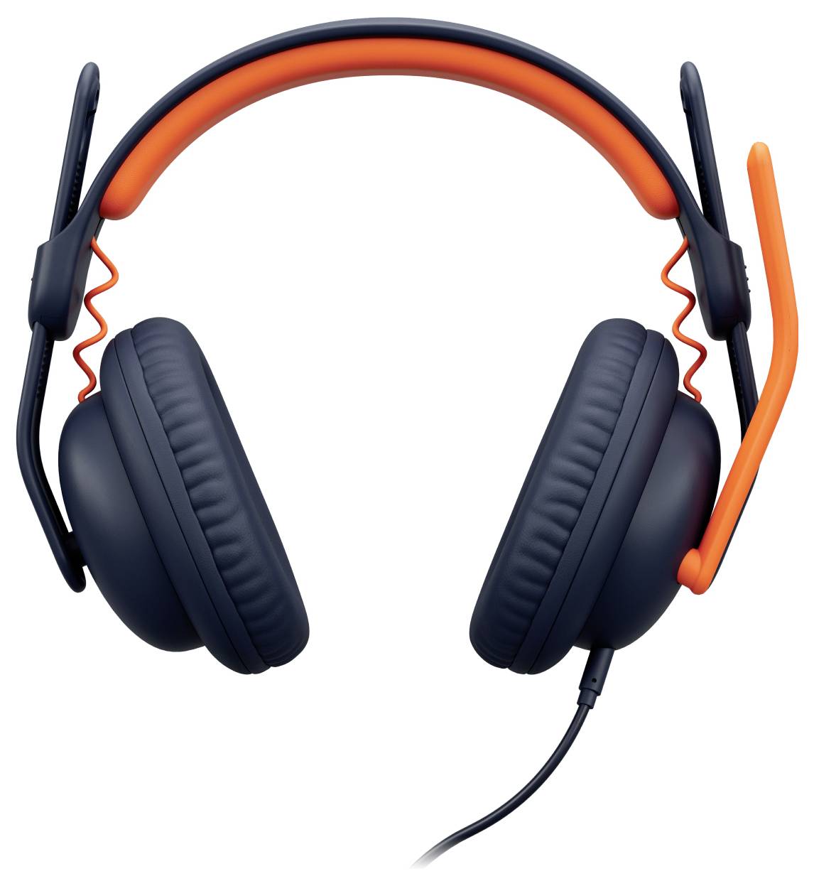 Schwarzes Over-Ear-Gaming-Headset mit orangefarbenem Kopfbügel und Boom-Mikrofon auf weißem Hintergrund.