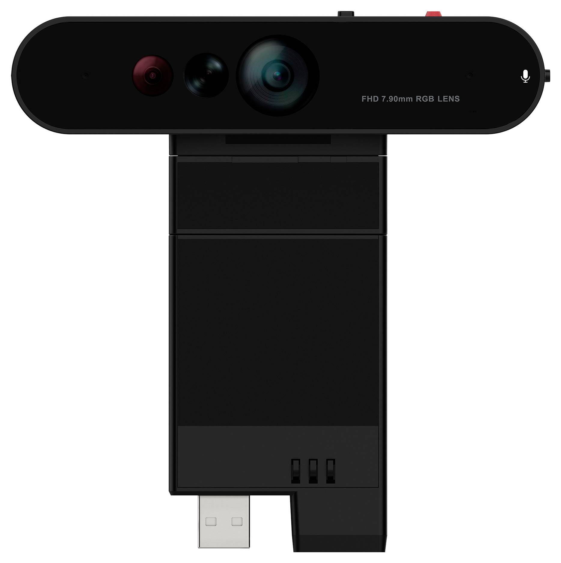 Schwarze USB-Webcam mit integriertem Mikrofon und drei Objektiven, beschriftet mit „FHD 7.90mm RGB LENS