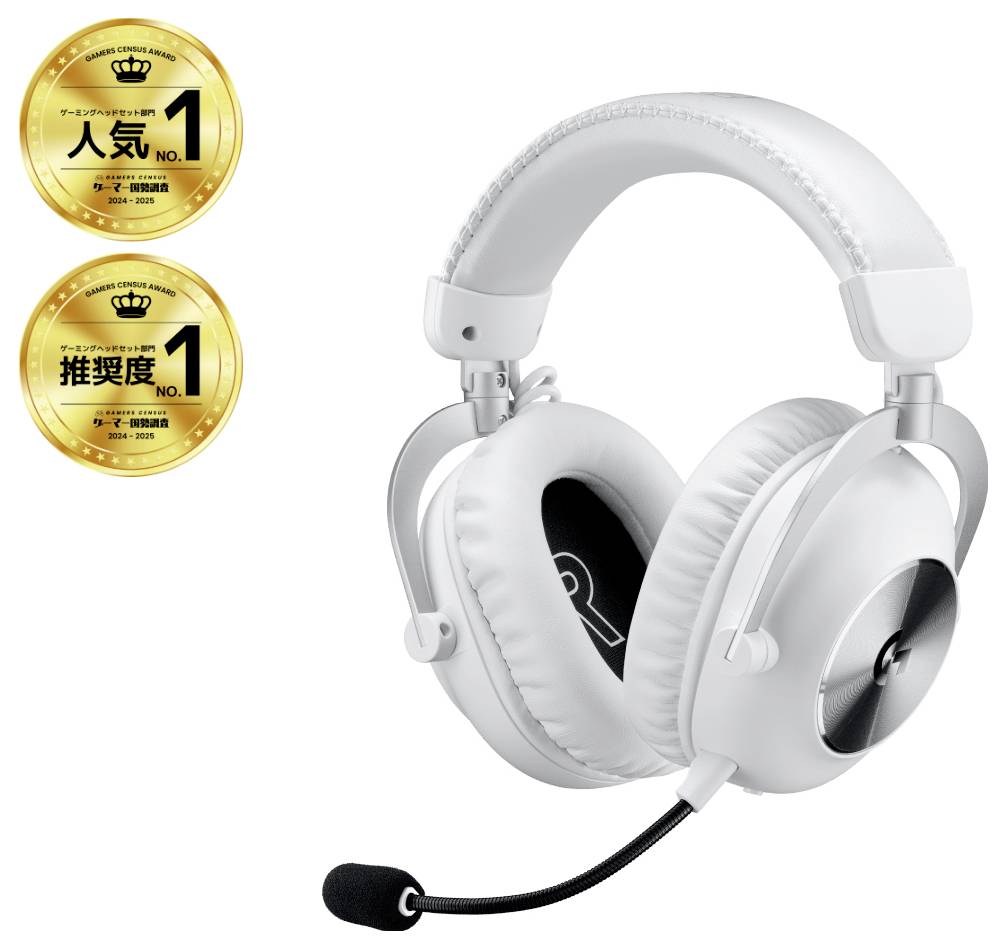 Weißes Over-Ear-Gaming-Headset mit Boom-Mikrofon, gezeigt mit zwei goldenen „Nr. 1
