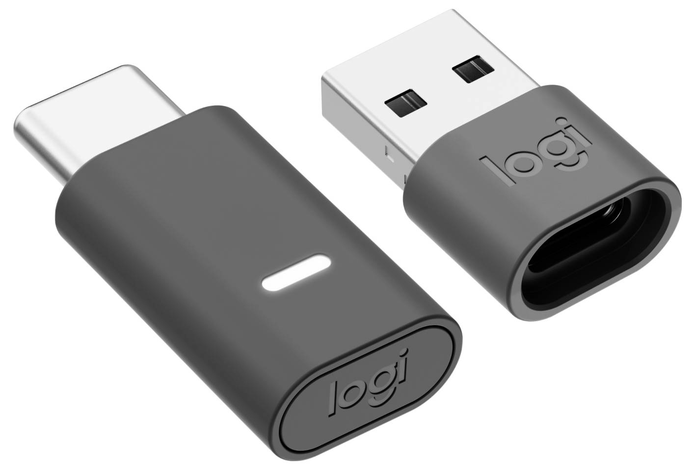 Zwei Logitech USB-Wireless-Dongle-Adapter mit USB-A-Steckern und schwarzen abgerundeten Gehäusen, gezeigt auf weißem Hintergrund.