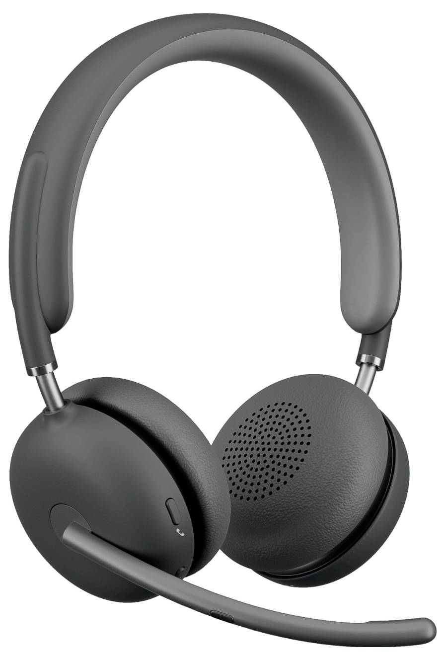 Schwarze kabellose Over-Ear-Kopfhörer mit Boom-Mikrofon auf weißem Hintergrund.