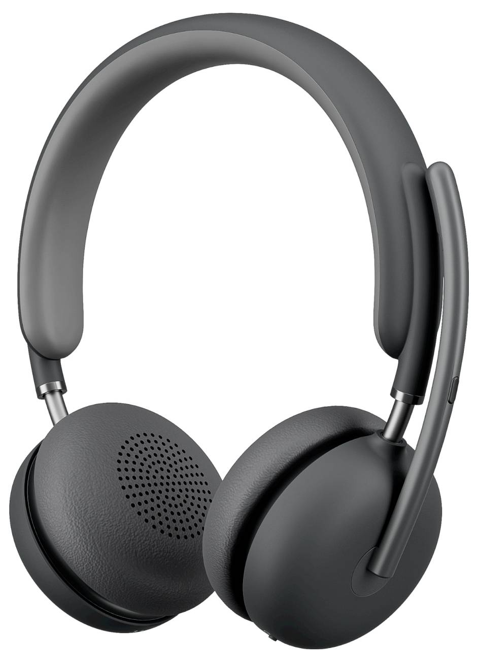 Schwarzes Over-Ear-Wireless-Headset mit angebrachtem Boom-Mikrofon auf weißem Hintergrund.