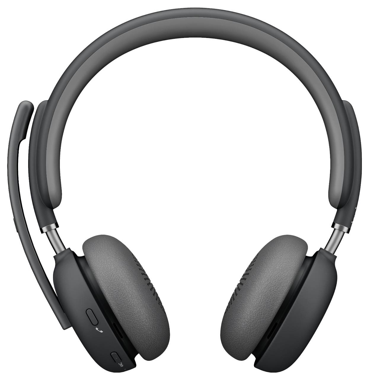 Schwarzes Over-Ear-Wireless-Headset mit Boom-Mikrofon, Vorderansicht auf einfachem weißem Hintergrund.