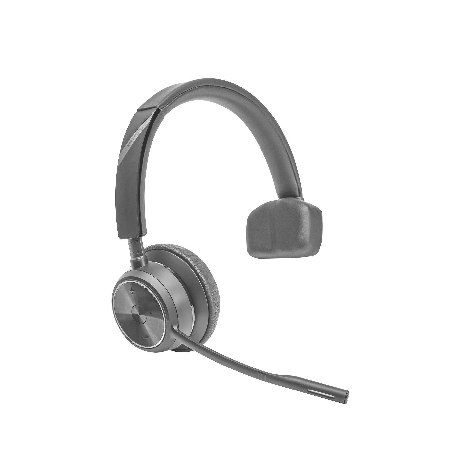 Kabelloses Einkopfhörer-Headset mit Boom-Mikrofon auf weißem Hintergrund.