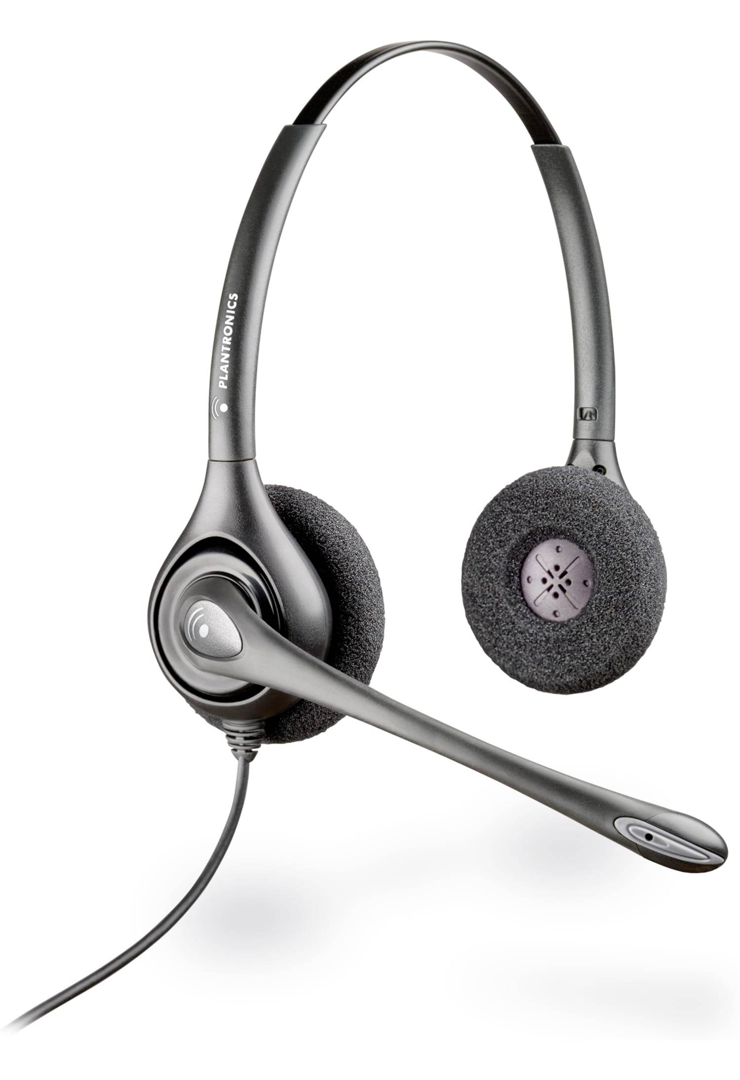 Schwarzes Plantronics Over-Ear-Headset mit Mikrofonstab und angebrachtem Kabel auf weißem Hintergrund