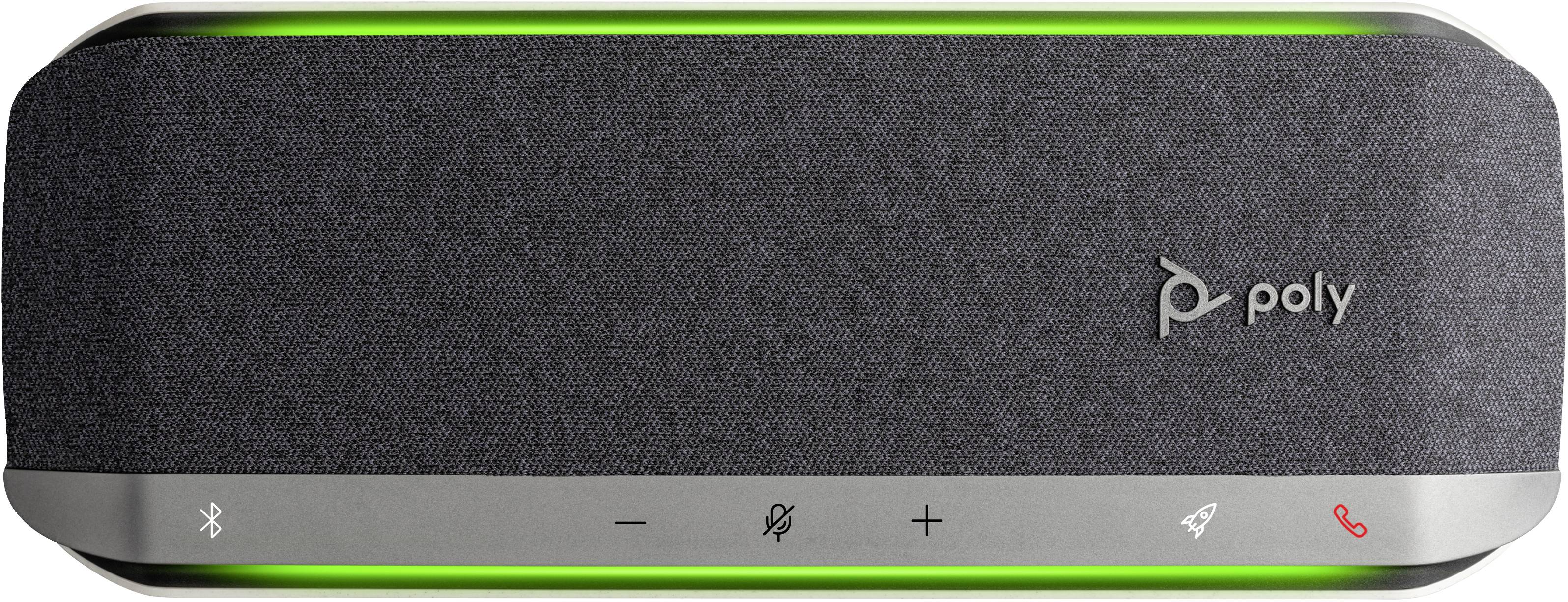 Poly Videokonferenz-Freisprecheinrichtung mit leuchtendem grünem Statusring und Berührungssteuerungen für Bluetooth, Lautstärke, Stummschaltung und Anruffunktionen.