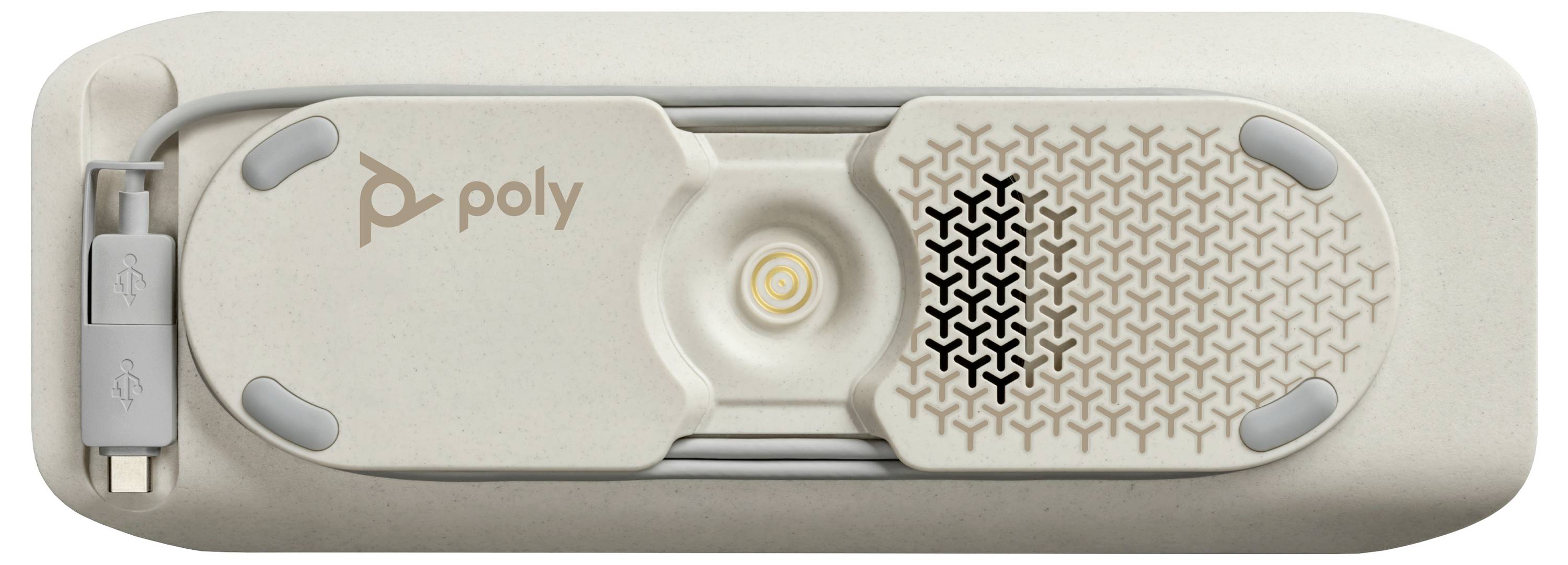 Draufsicht eines weißen Poly-USB-Geräts mit einer zentral leuchtenden Schaltfläche und einem strukturierten, gitterähnlichen Lüftungsmuster, dargestellt auf hellem Hintergrund.