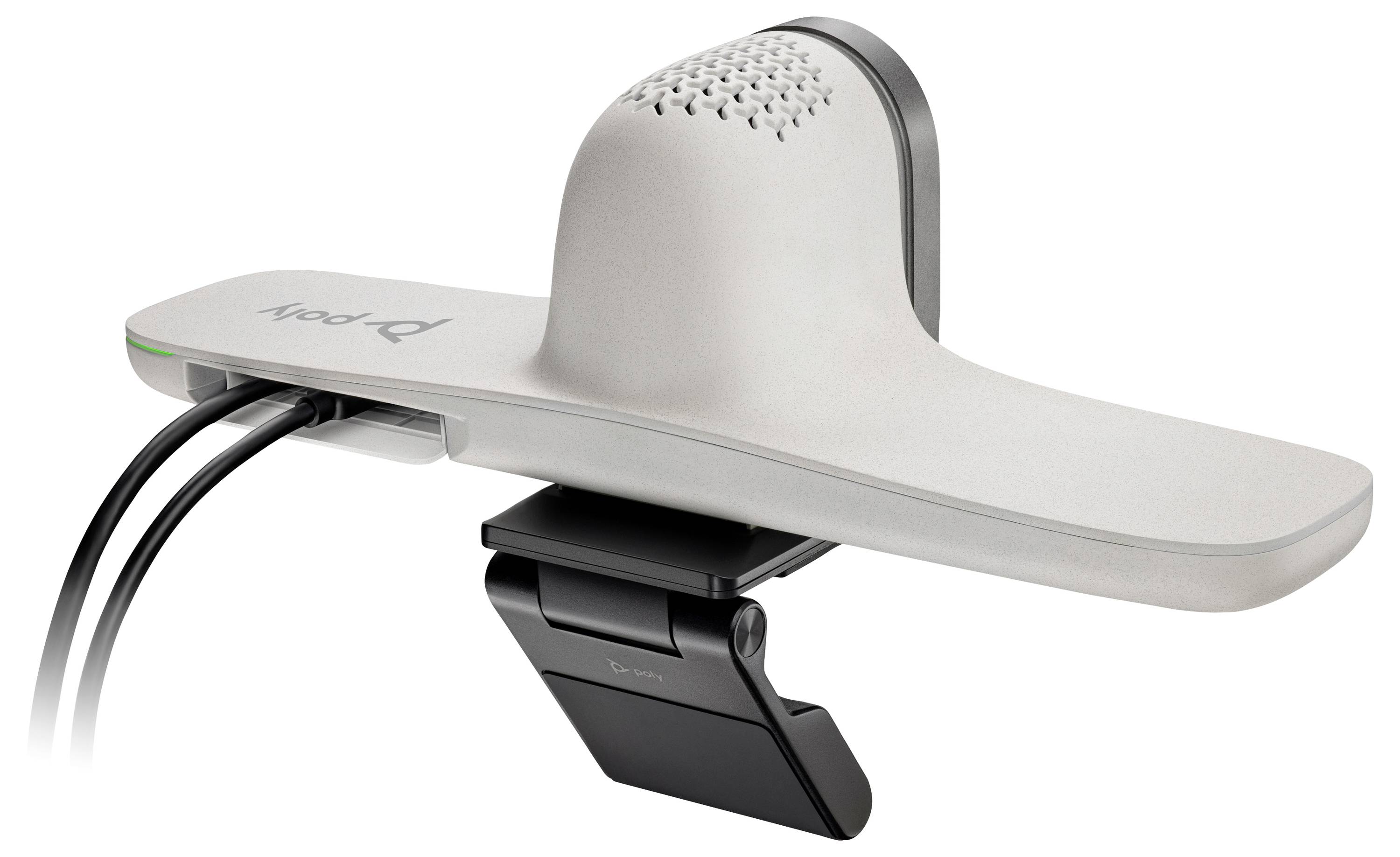 Nahaufnahme eines silbernen ergonomischen, auf dem Schreibtisch montierten Geräts mit einem zentralen erhöhten Sensor und schwarzer Klemmenbasis, dargestellt mit angeschlossenen Kabeln.