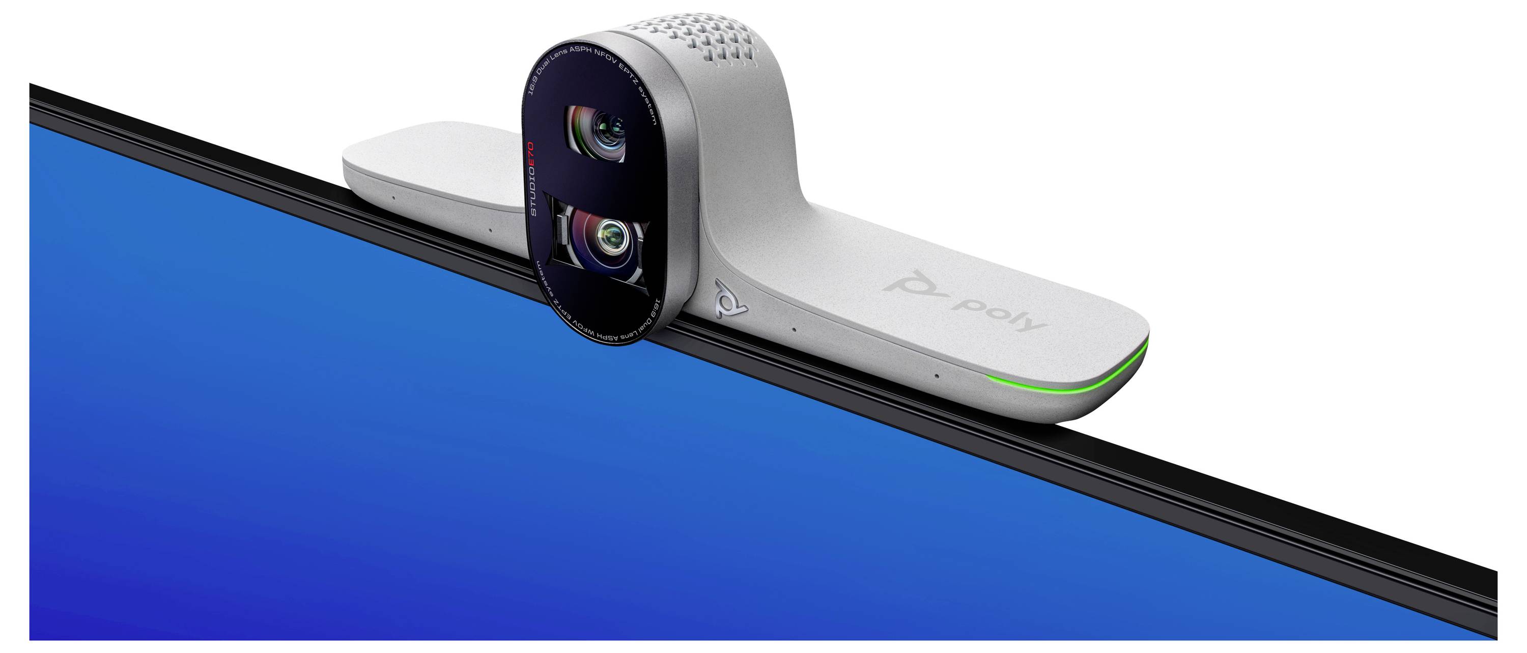 Poly Studio P5-Webcam auf einem Monitor montiert, in der Seitenansicht mit Doppellinsen und einer schwarzen Bildschirmkante vor blauem Hintergrund.