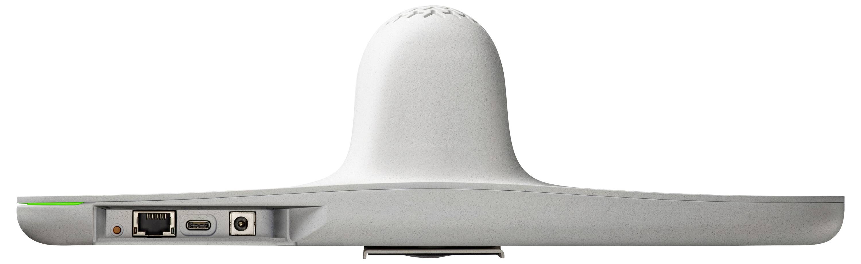 Rückansicht eines weißen Flachbildschirms mit Anschlüssen auf der linken Seite, einschließlich Ethernet-, USB-C- und Stromverbindungen.