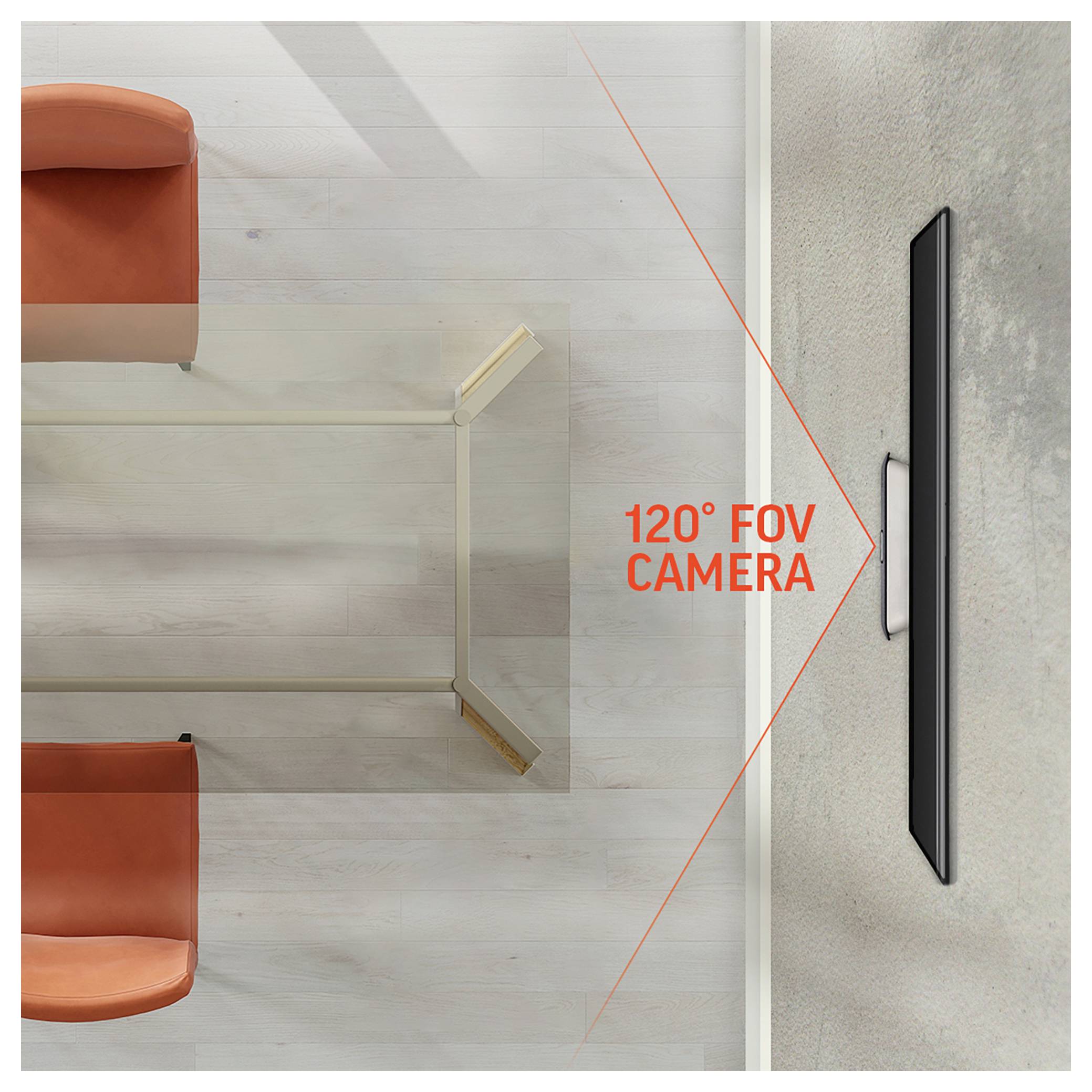 Draufsicht eines Raums mit einer an der Wand montierten „120° FOV-KAMERA