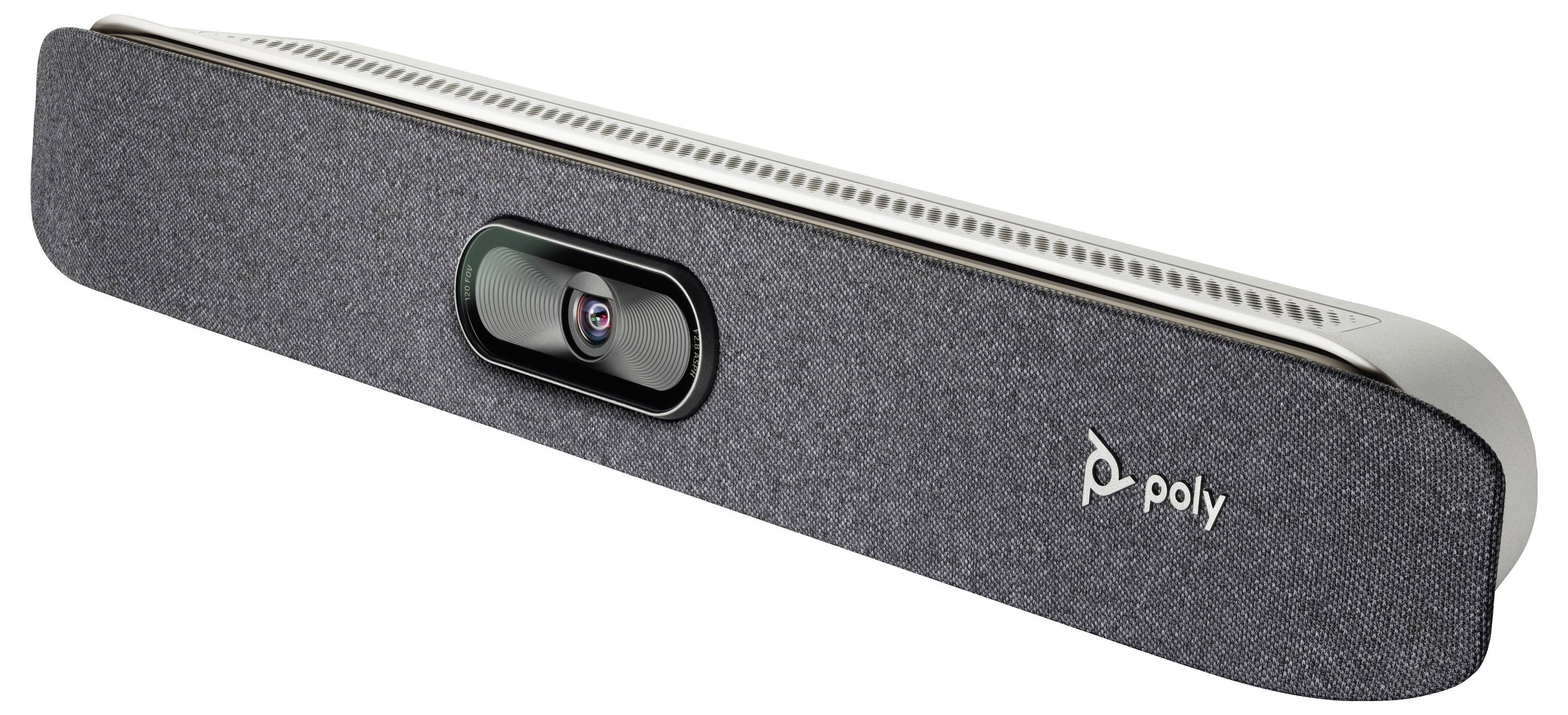Polycom-Videokonferenzleiste mit integrierter Kamera, gezeigt in dunkler Stoffoberfläche auf weißem Hintergrund.