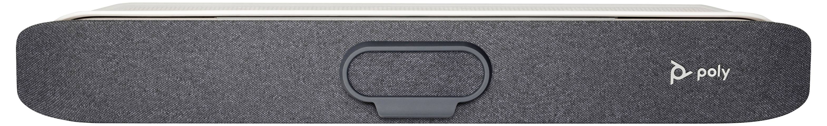 Frontansicht einer Poly-Videokonferenz-Speakerbar mit einer zentralen Kamera und dunklem Stoffgitter.