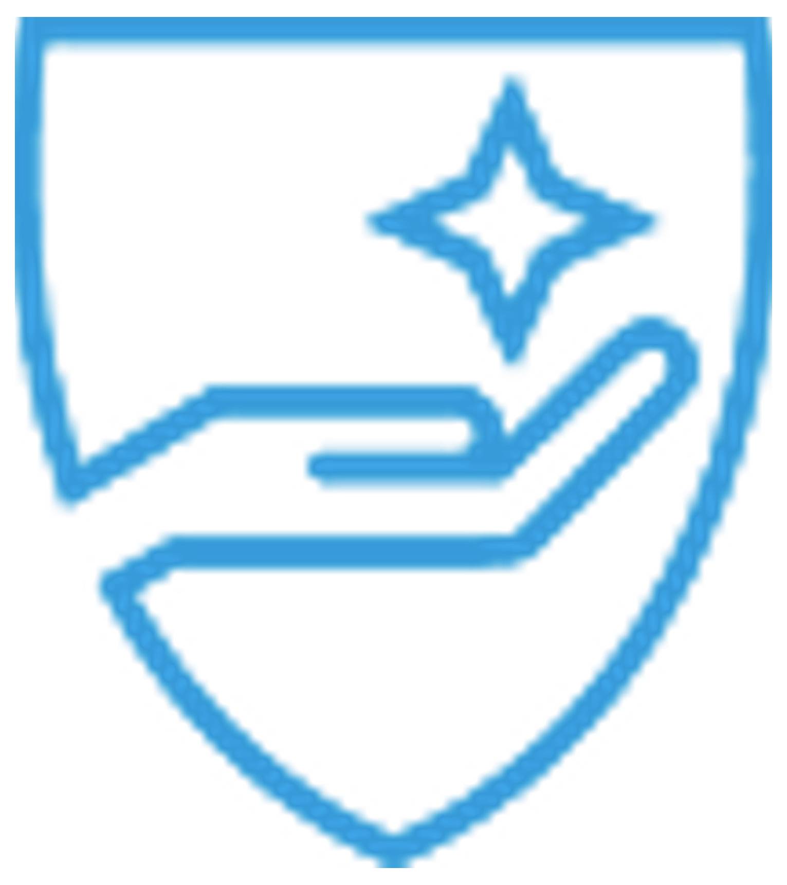 Blaues Schildsymbol mit einer Hand, die einen Glitzerfunken hält, was Schutz, Pflege oder vertrauenswürdigen Service andeutet.