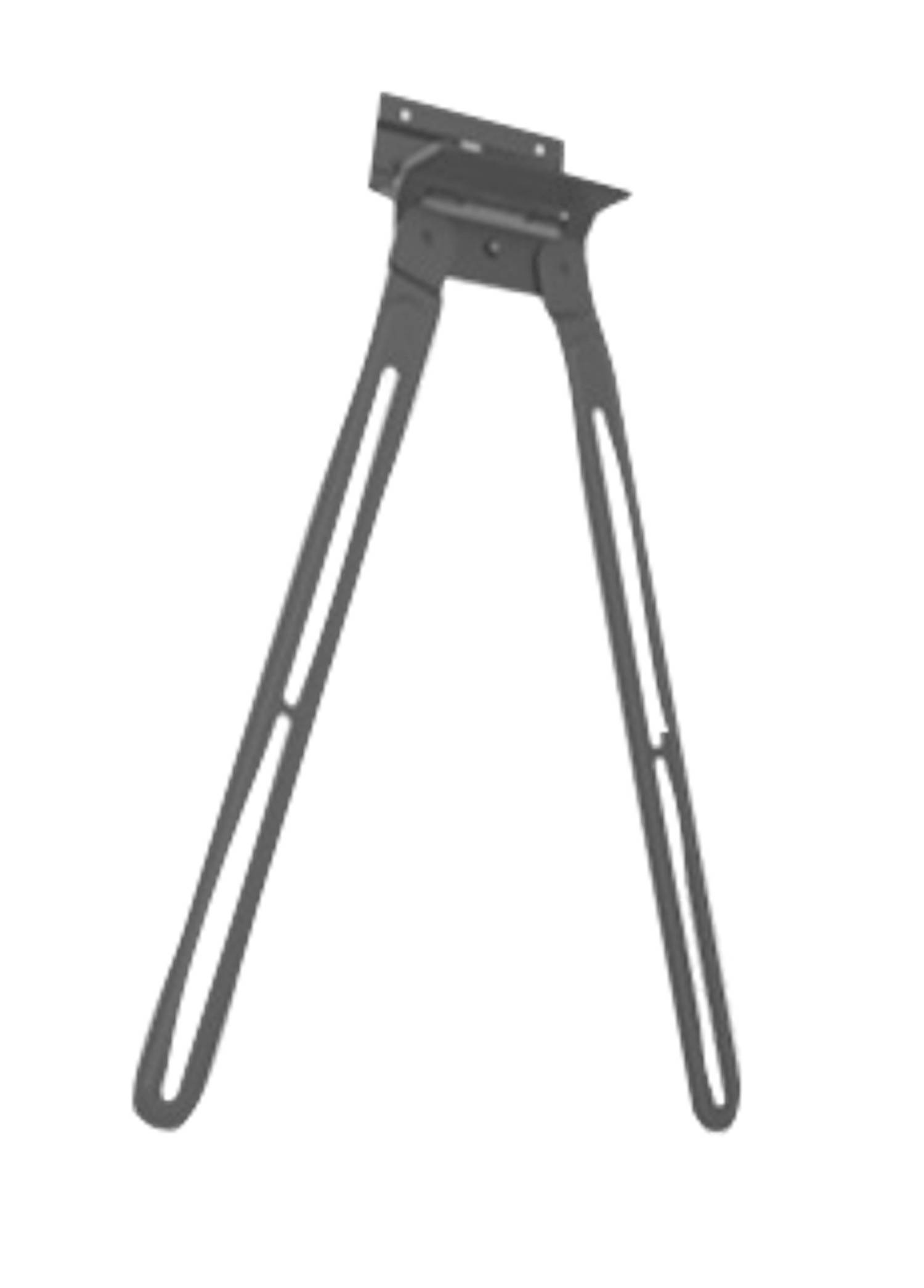 Schwarzes Metall-Dreibeinstativ mit zwei langen Beinen auf weißem Hintergrund.