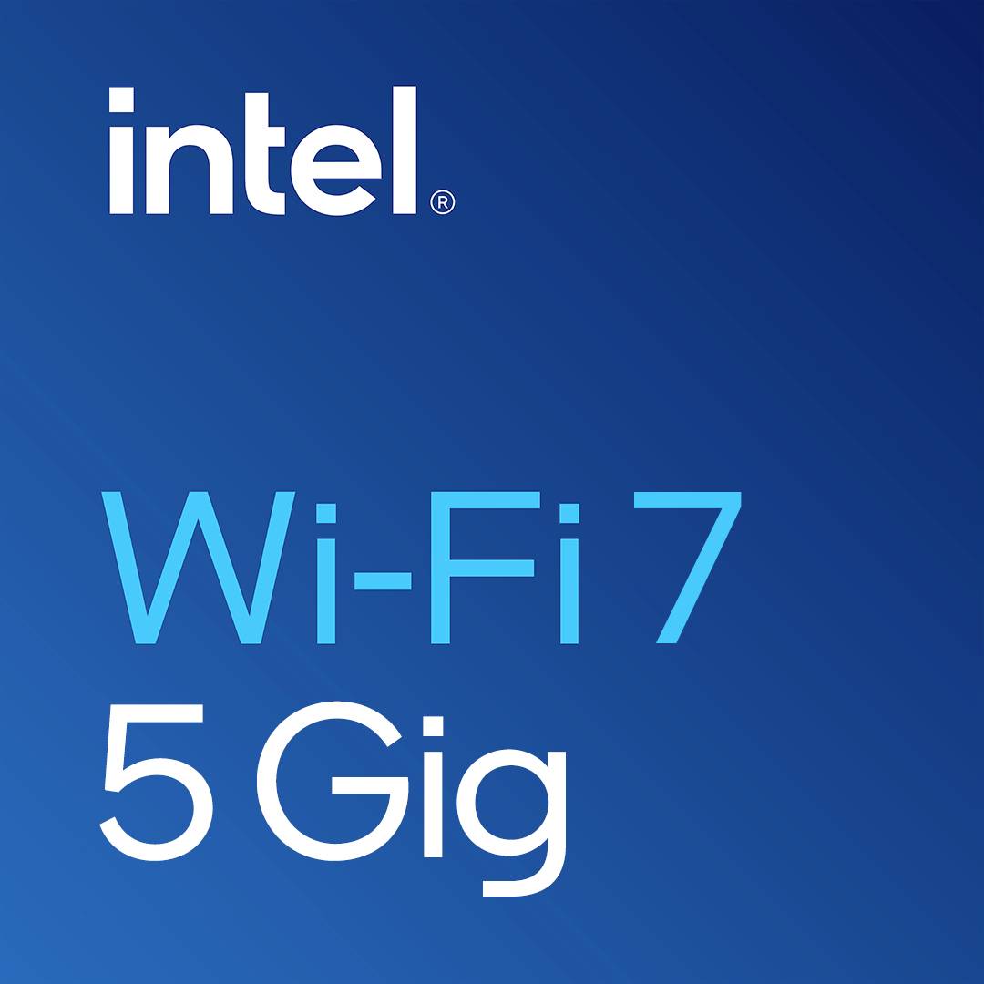 Intel Wi‑Fi 7 5 Gig Logo auf einem blauen Farbverlaufshintergrund.
