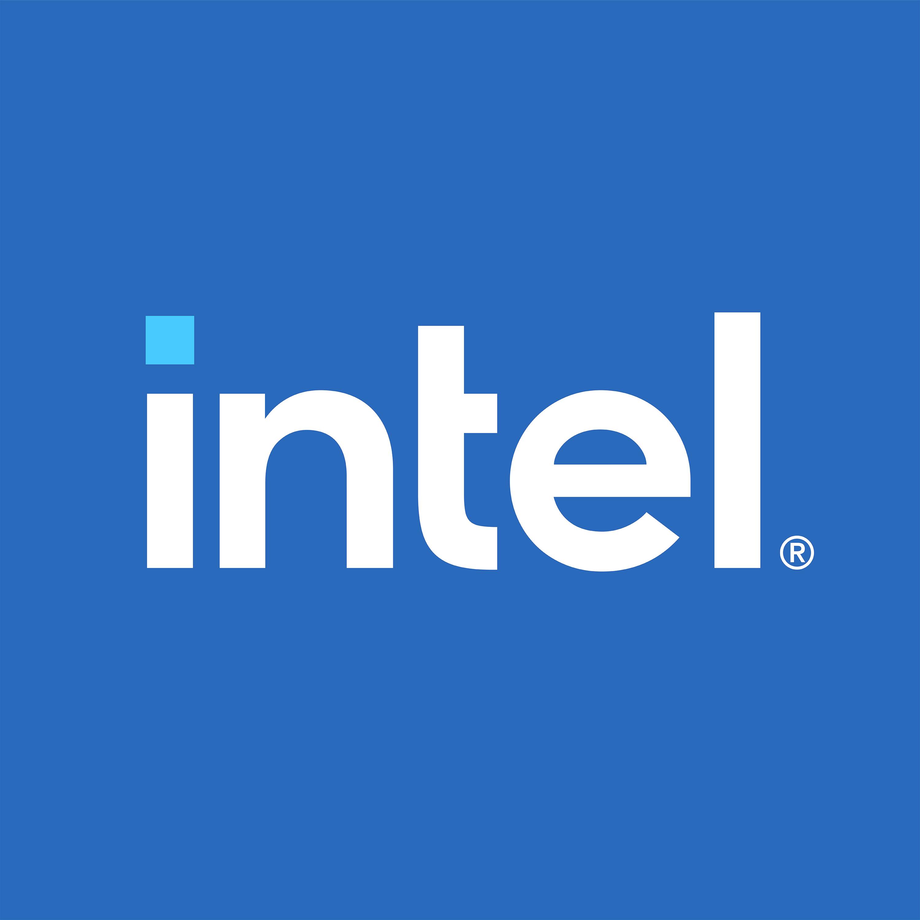 Intel-Logo auf blauem Hintergrund, mit weißem Kleinbuchstaben-Text „intel