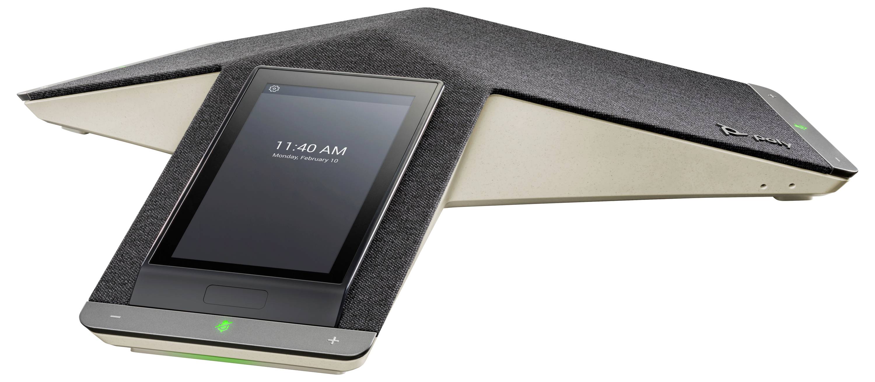 Zwei Touchscreen-Konferenzraum-Freisprechtelefone, die durch ein zentrales Scharnier verbunden sind, aufgeklappt wie ein Buch dargestellt, wobei ein Bildschirm „11:40 Uhr