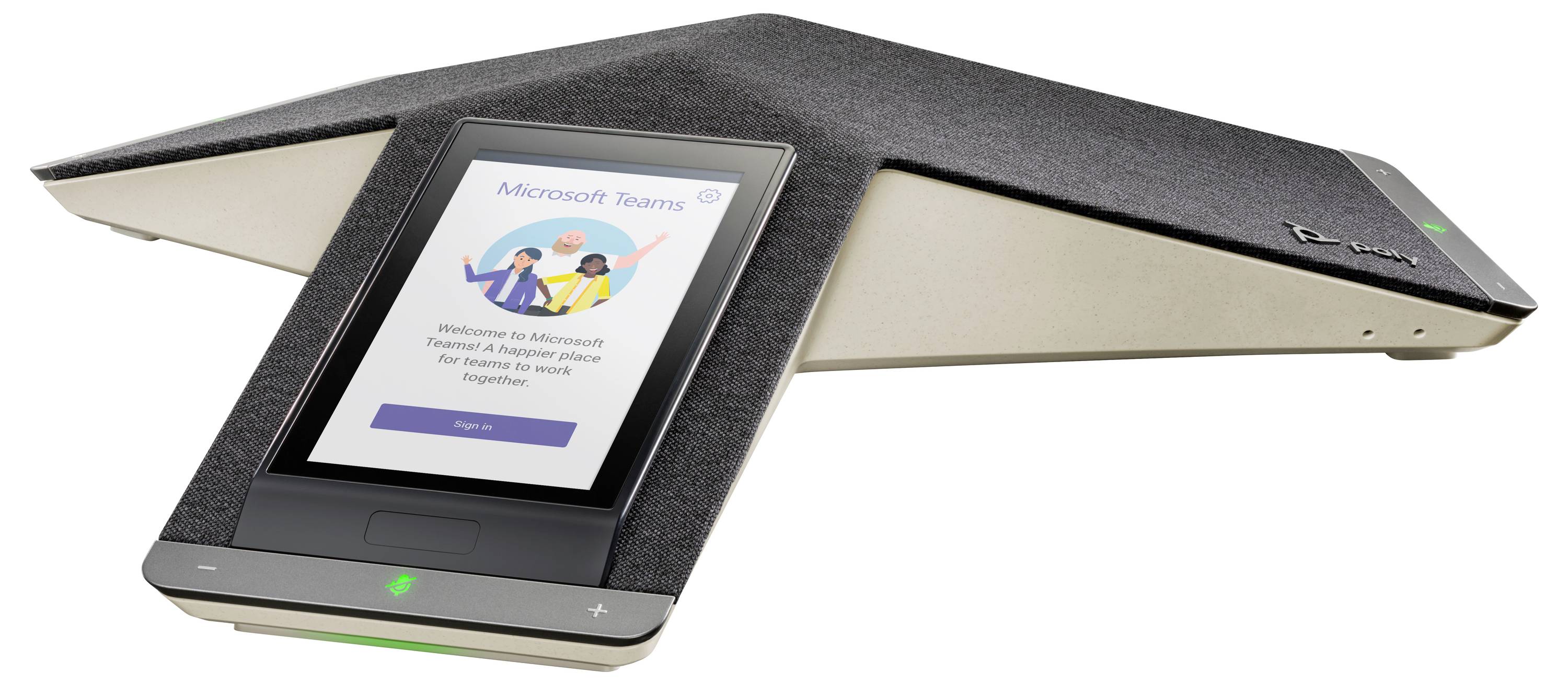 Microsoft Teams-Besprechungsraumgerät mit Touchscreen, der einen Willkommensbildschirm und eine Anmeldeschaltfläche anzeigt, in einer dunklen keilförmigen Sprechereinheit.