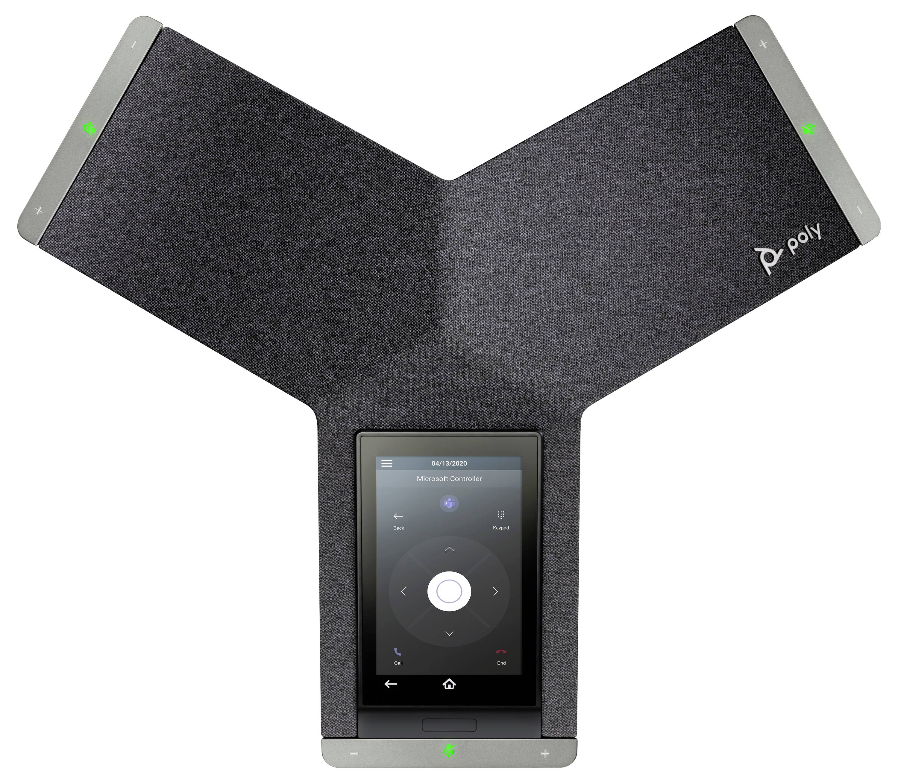 Polycom-Konferenztelefon mit drei Armen, zentralem Touchscreen und integriertem Mikrofon-Array auf weißem Hintergrund.