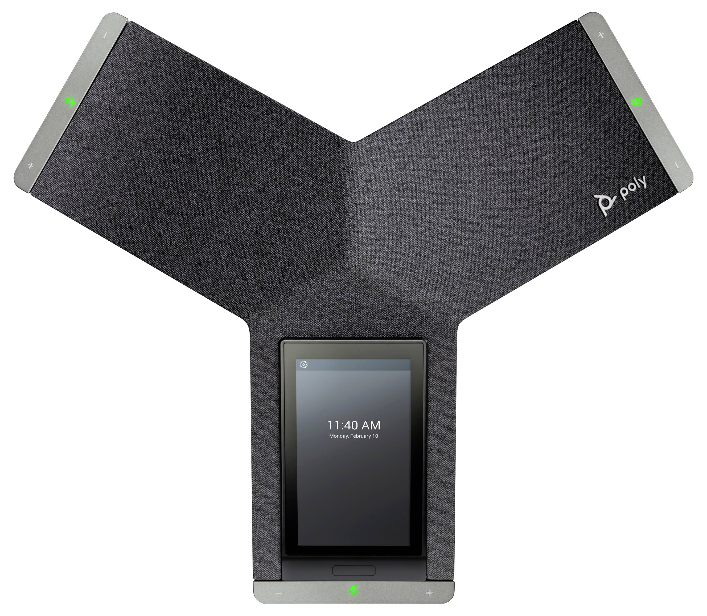 Poly Konferenzraumlautsprecher mit drei stoffbezogenen Armen und einem kleinen zentralen Touchscreen, der 11:40 Uhr anzeigt.