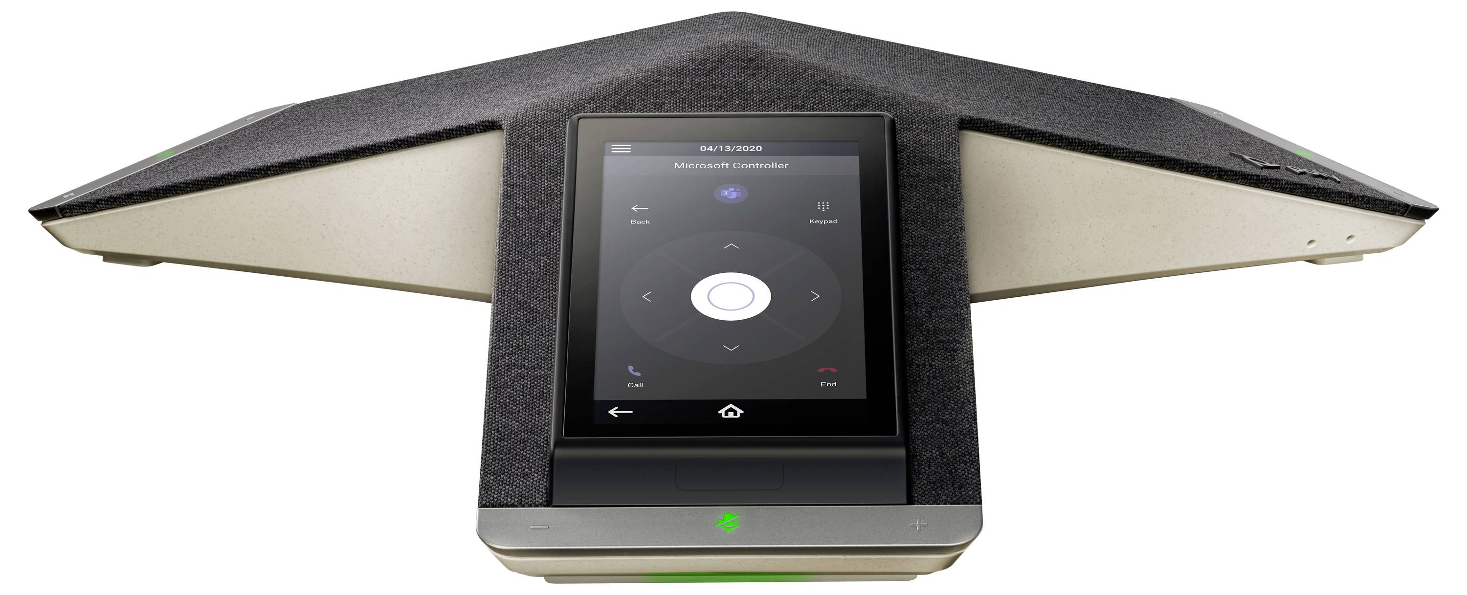 Konferenzraumlautsprecher mit Touchscreen-Bedienfeld und kreisförmigen Anrufsteuerungen in der Mitte.