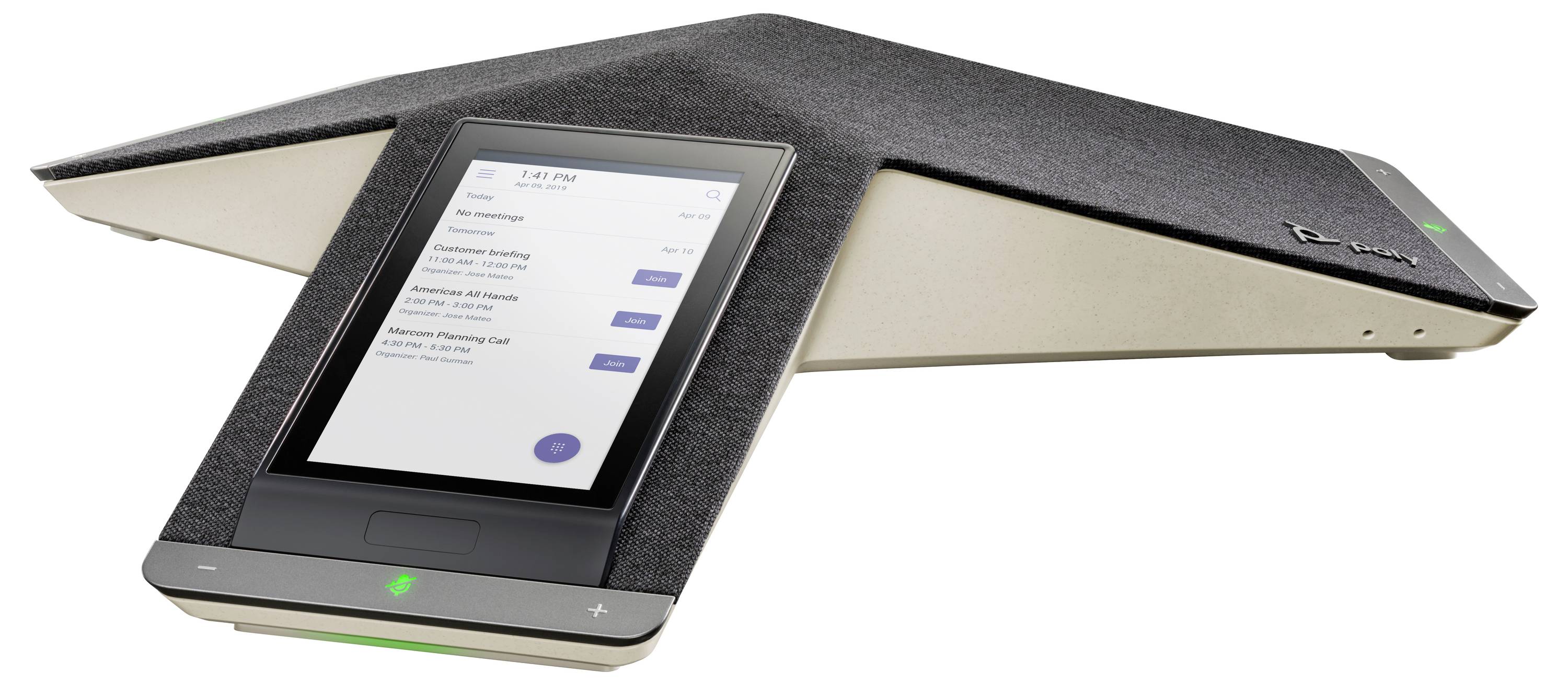 Winkel zweier verbundener Touchscreen-Tablets in einer keilförmigen Videokonferenz-Einheit, auf dem vorderen Display ein Einstellungsmenü angezeigt.