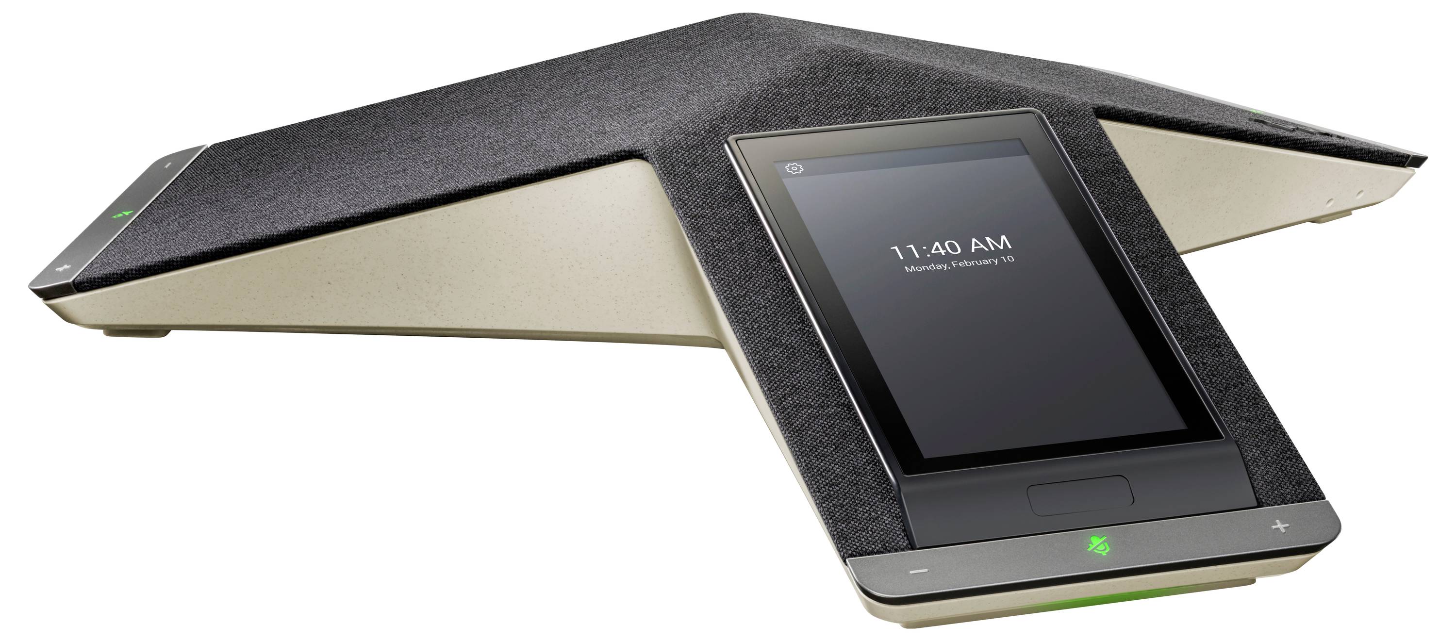 Ein dreieckiger, schwarz-und-beiger Konferenz-Freisprechtelefon mit einem zentralen Touchscreen, der 11:40 Uhr anzeigt.