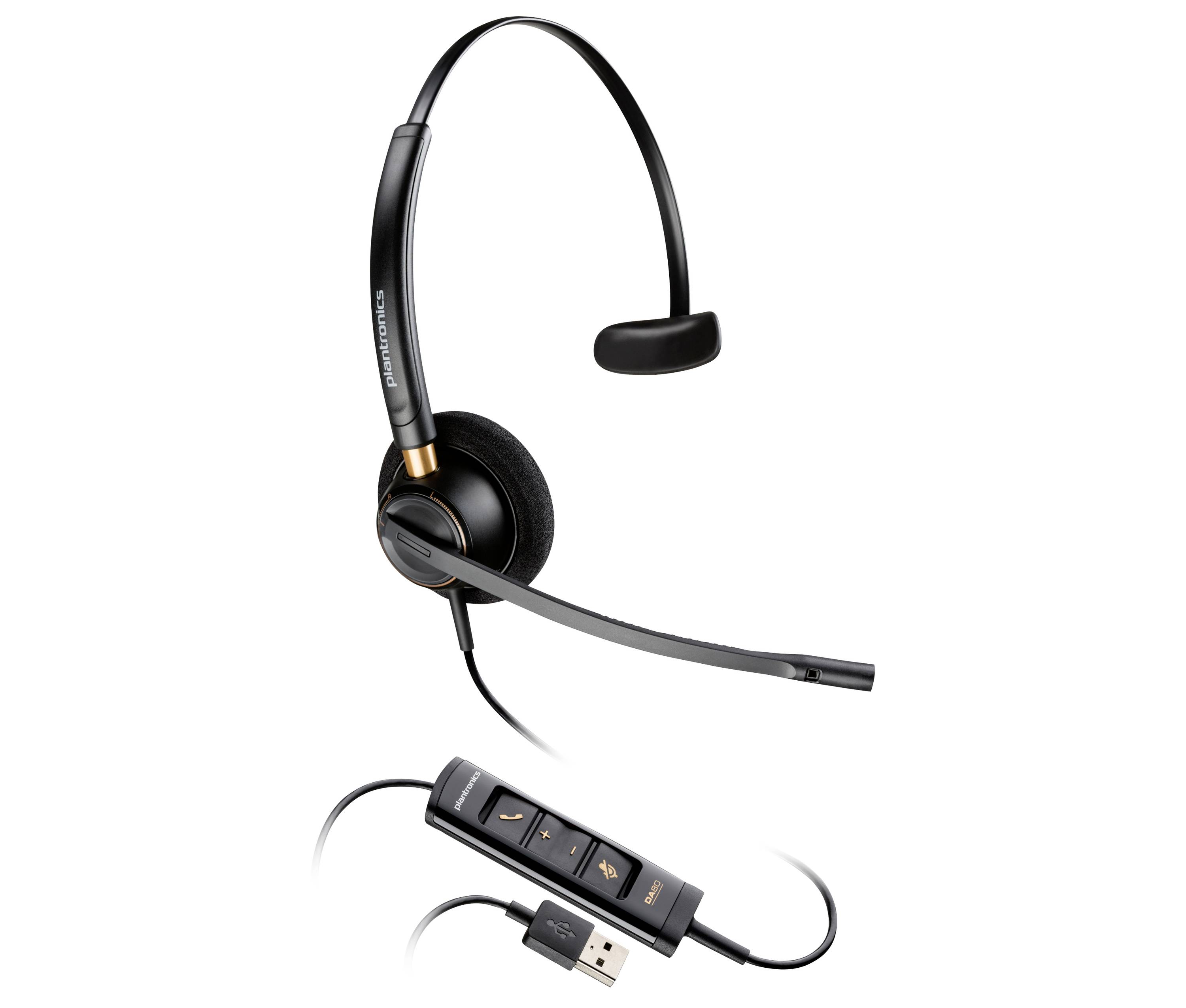 Schwarzes Over-Ear-Headset mit Boom-Mikrofon und USB-Steuermodul in der Leitung, auf weißem Hintergrund dargestellt.