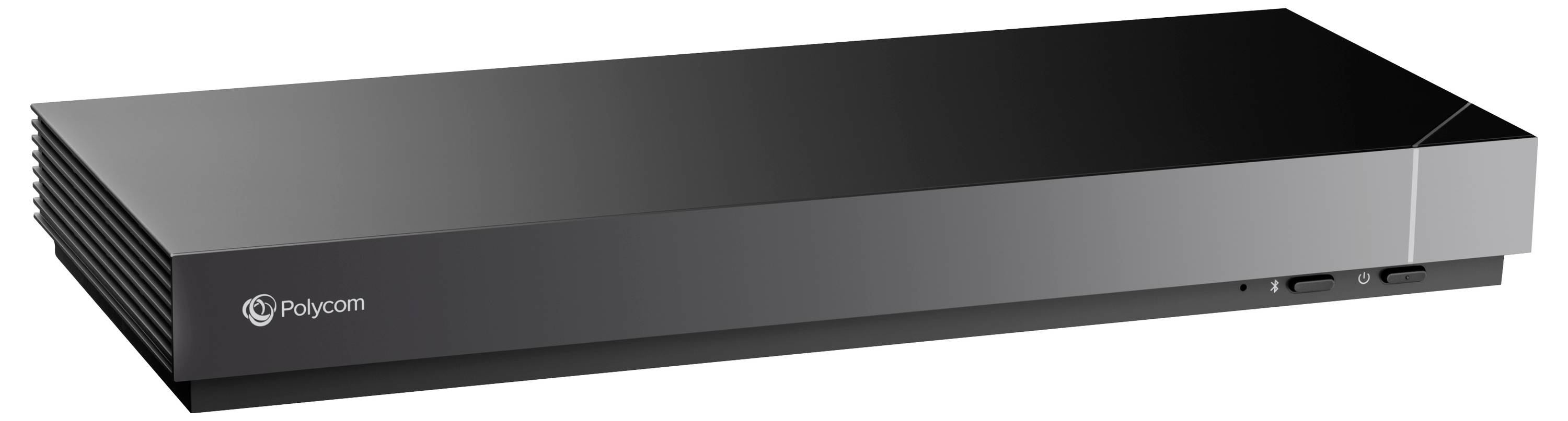 Schwarzes Polycom-Konferenzgerät oder Netzwerkgerät mit belüfteten Seitenpaneelen und vorderen Statusanzeigen auf weißem Hintergrund