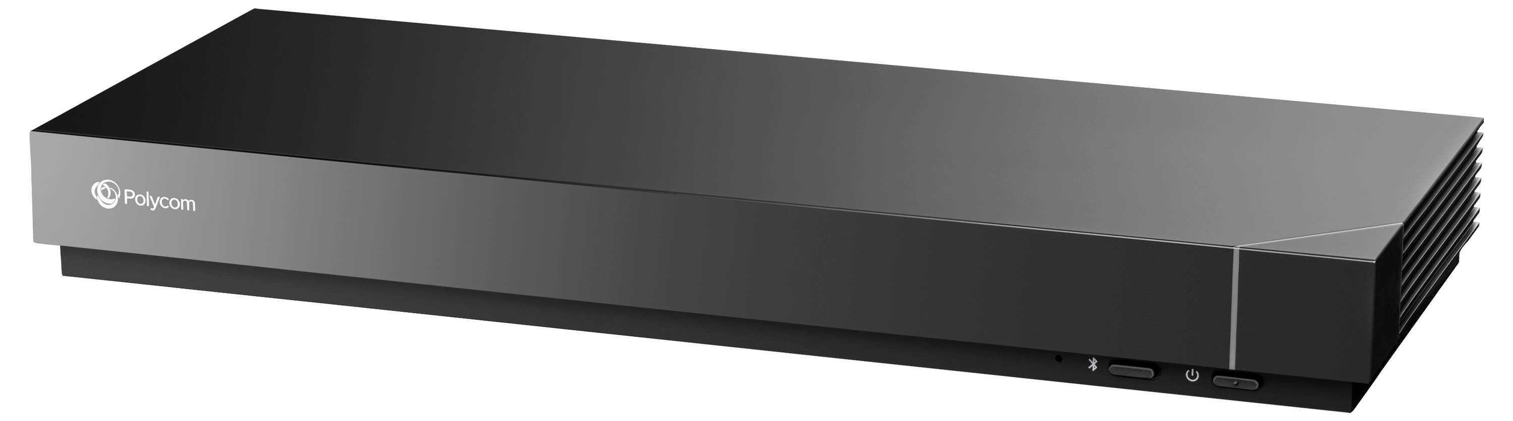 Schwarze Polycom-Videokonferenz-Codec-Box für Konferenzräume mit Logo auf der Vorderseite, in Perspektive auf weißem Hintergrund dargestellt.