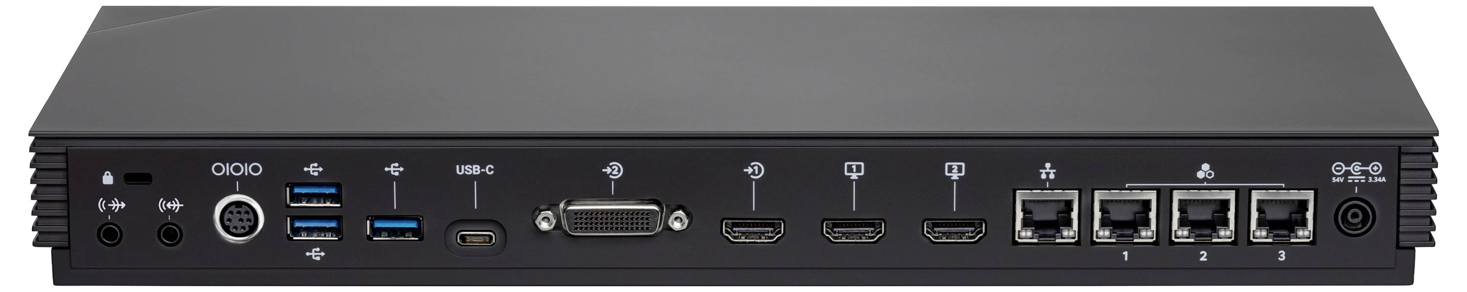 Vorderansicht eines schwarzen Gerätepanels mit mehreren Anschlüssen: Audiobuchsen, USB-C, USB-A, VGA, zwei HDMI-Anschlüsse, drei Ethernet-Anschlüsse und Stromversorgung.