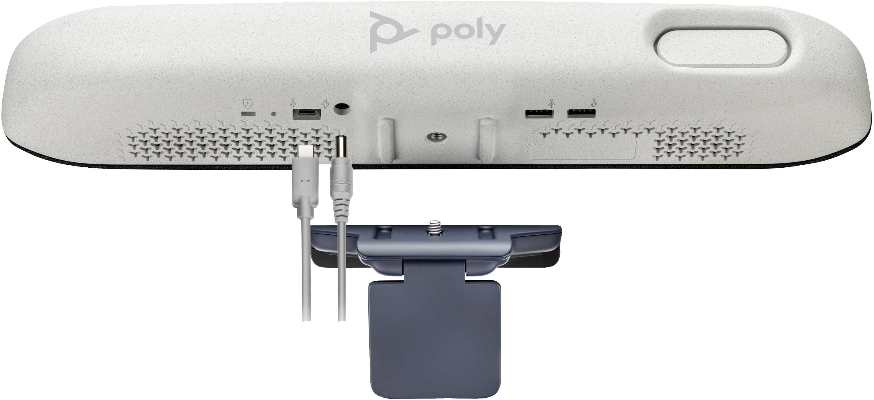 Rückansicht eines Poly-Videokonferenzgeräts mit montierter Kamera, die Anschlüsse, Mikrofonöffnungen und Stromschalter zeigt.