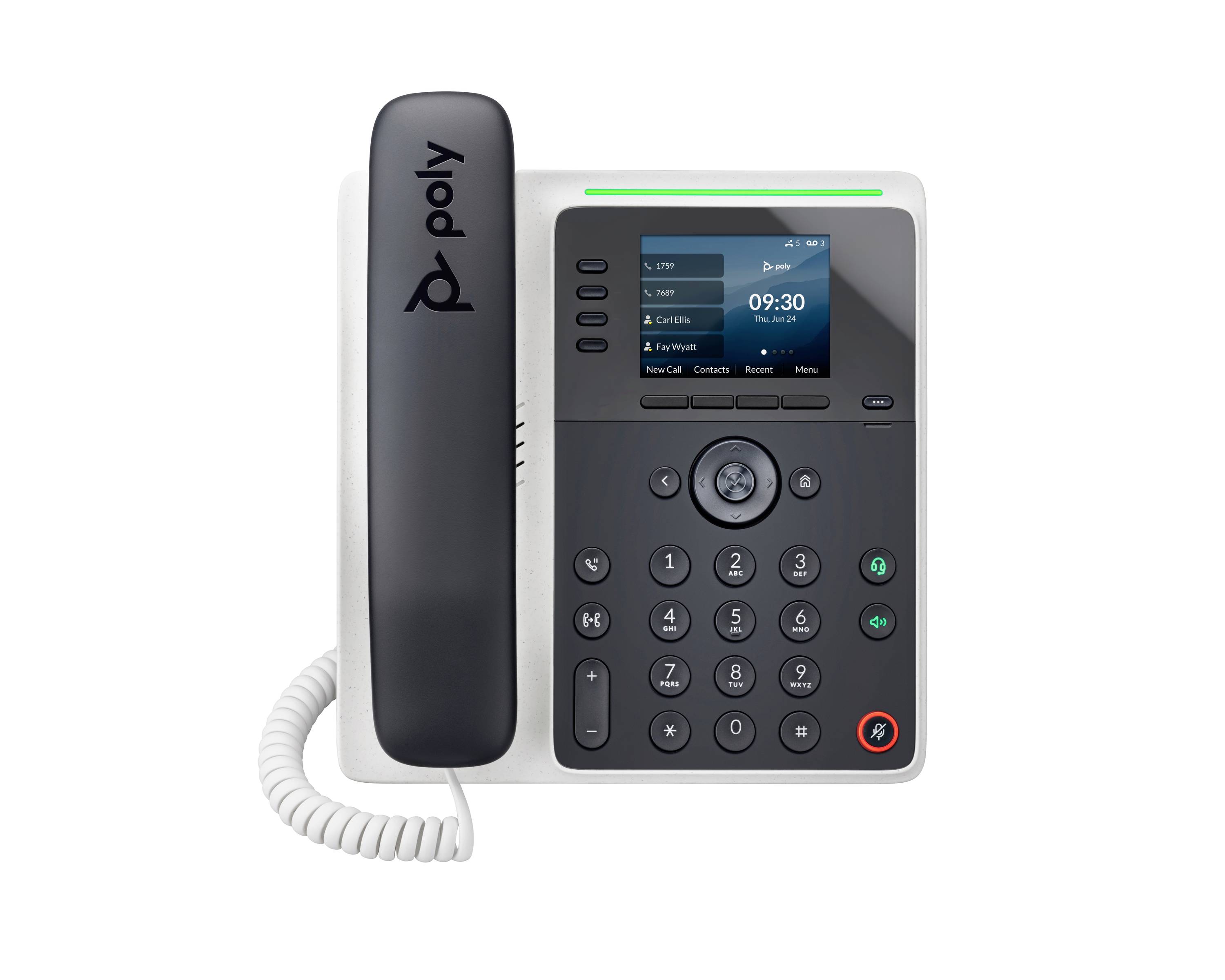 Poly-Bürotischtelefon mit Hörer, Farbdisplay mit Anzeige 09:30, Navigationstaste und Wähltastatur auf weißem Hintergrund.