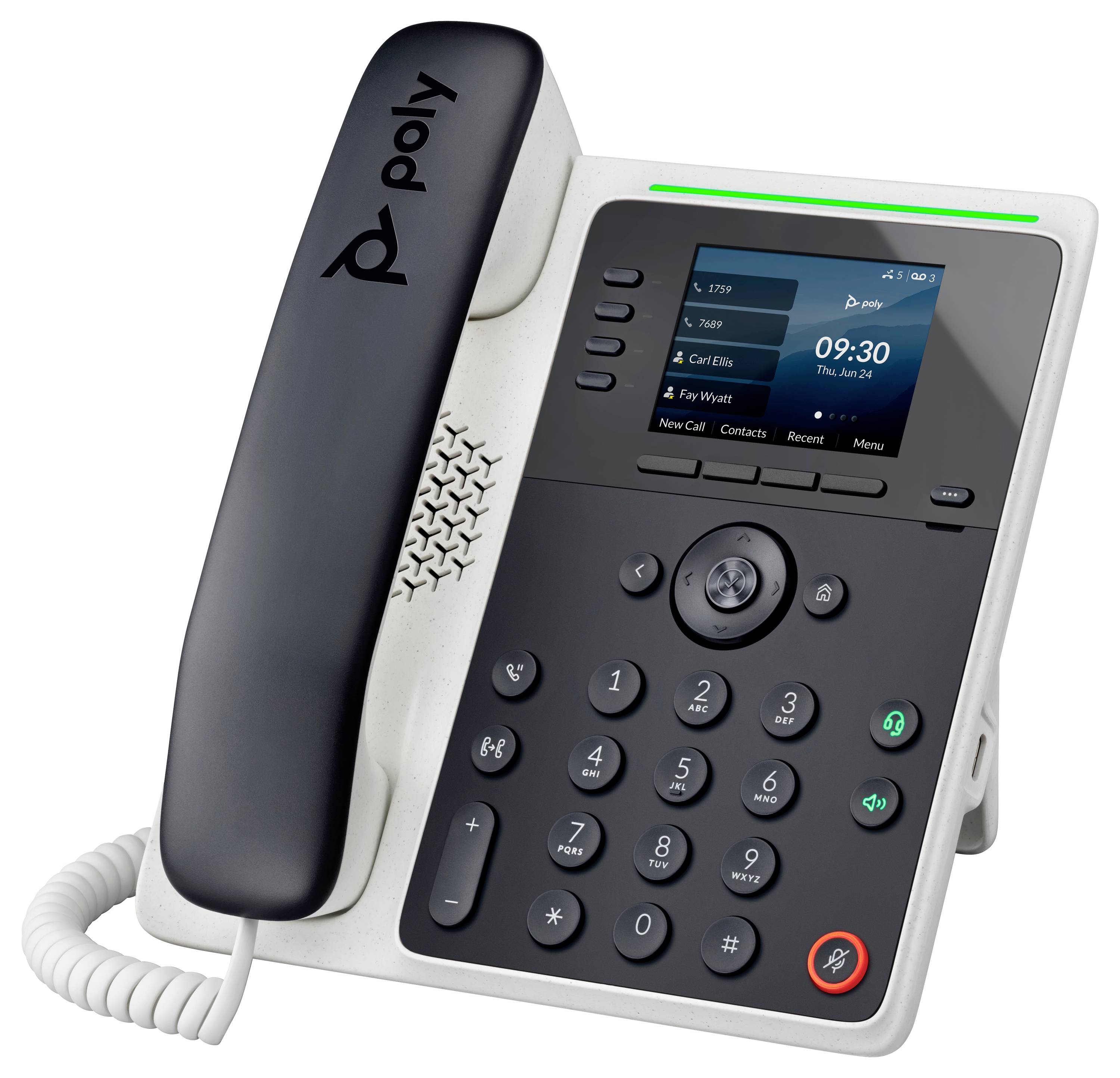 Poly-Bürotischtelefon mit Hörer auf der Gabel, Display zeigt 09:30 an, und Tastatur mit Lautsprecher- und Stummschalt-Kontrollen