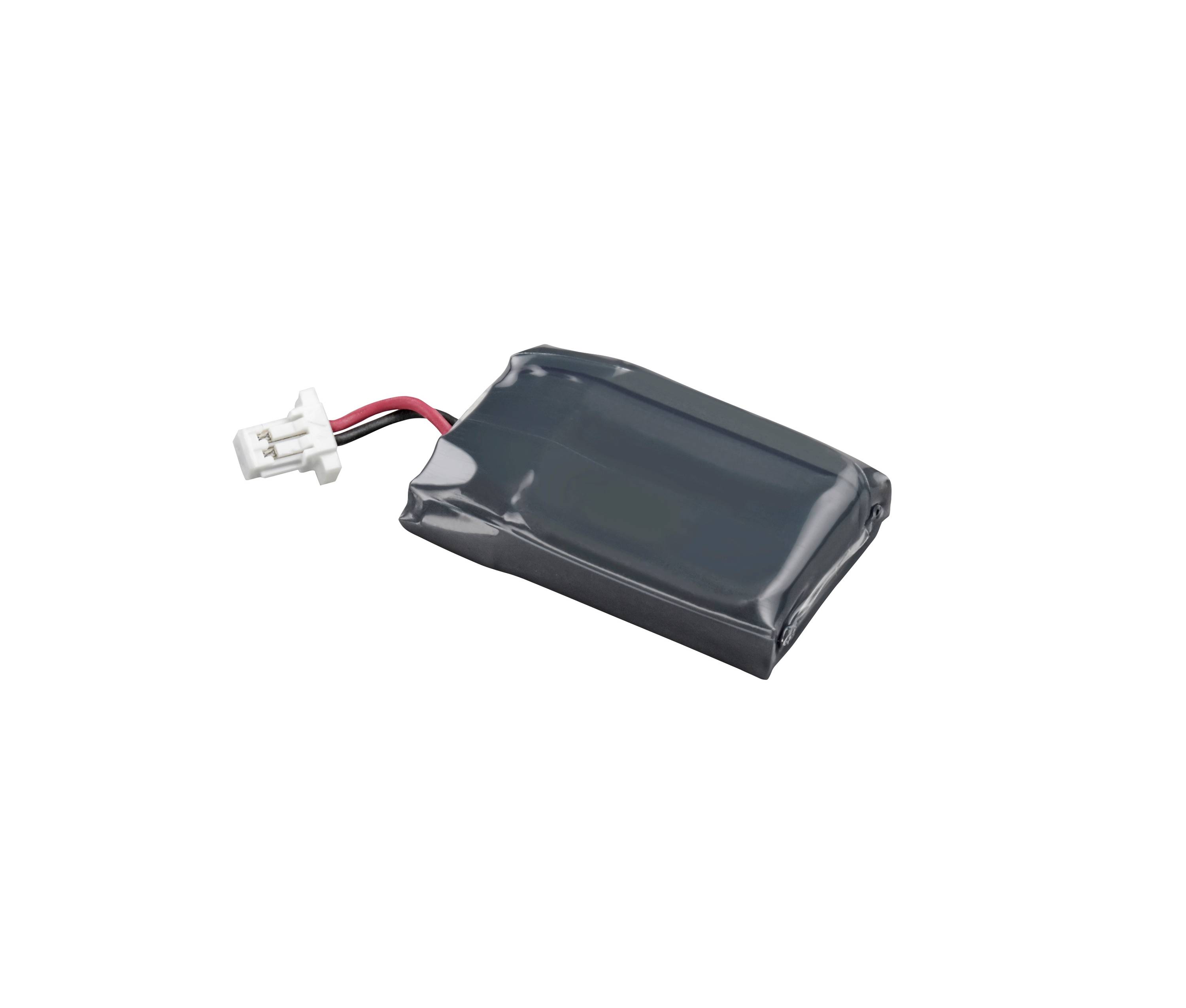 Kleines schwarzes wiederaufladbares Batteriepaket mit roten und schwarzen Kabeln und einem weißen Stecker auf einfachem weißem Hintergrund