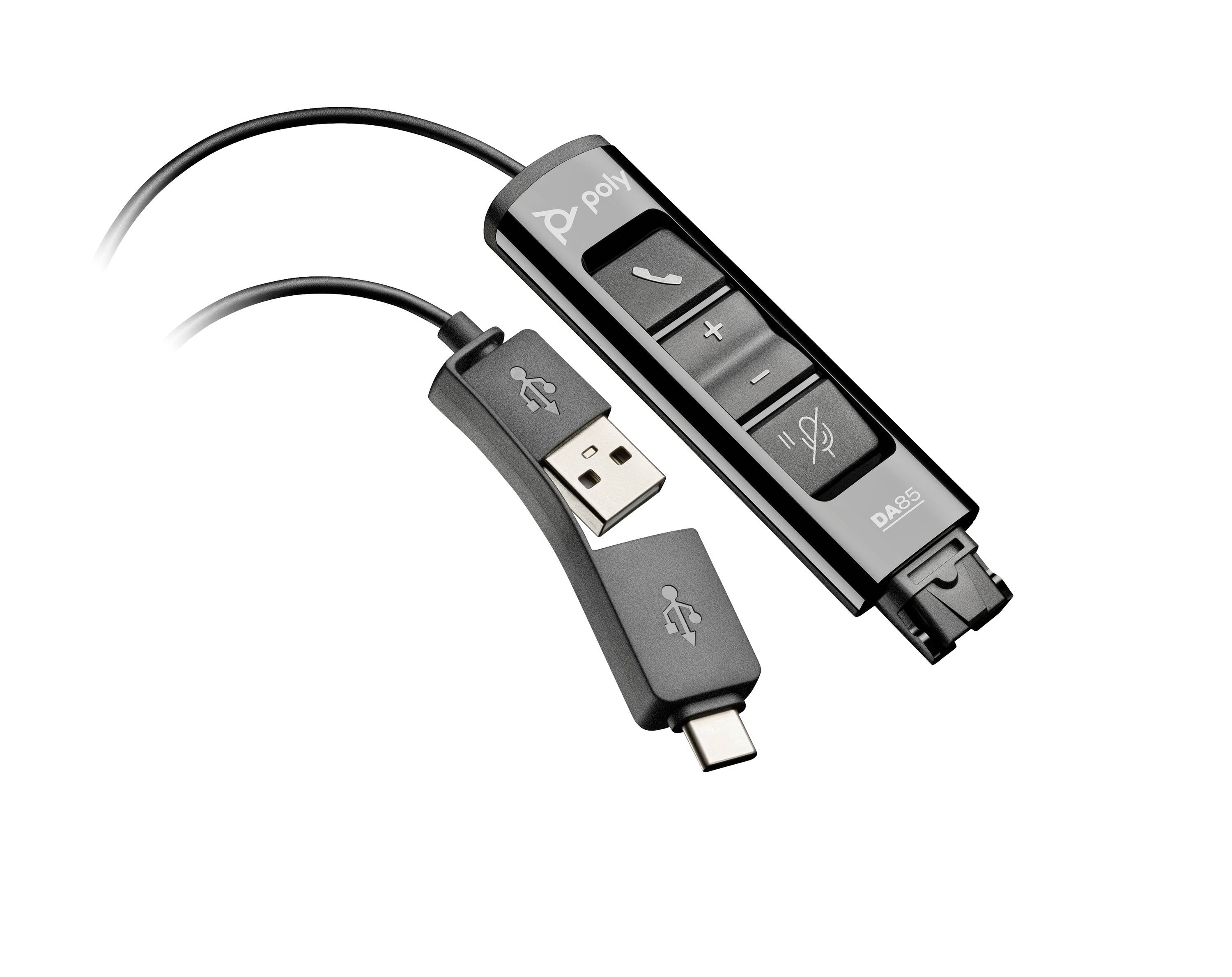 USB-C-Kabelkopfhörer-Regler mit Anruf-, Lautstärke-Auf/Ab- und Stummschalttasten, dargestellt neben einem USB-A-zu-USB-C-Adapterkabel.