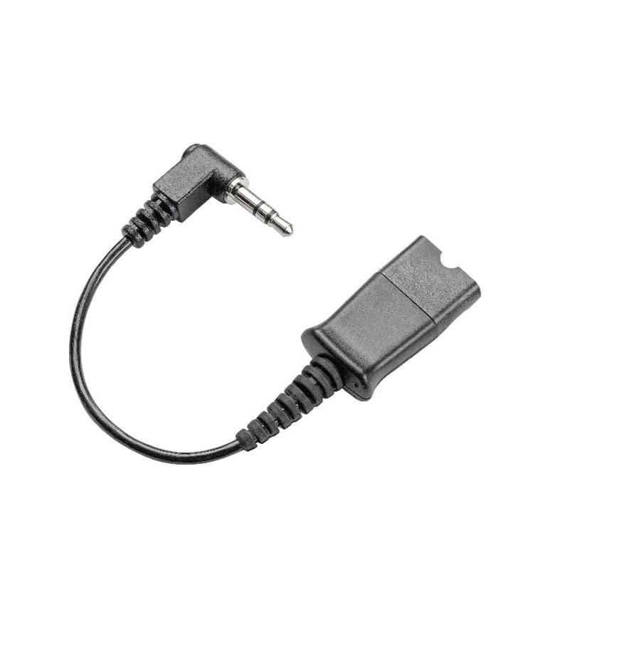 Kurzes Adapterkabel mit einem 3,5-mm-Audiostecker auf der einen Seite und einem rechteckigen Stecker auf der anderen Seite, freigestellt auf weißem Hintergrund.