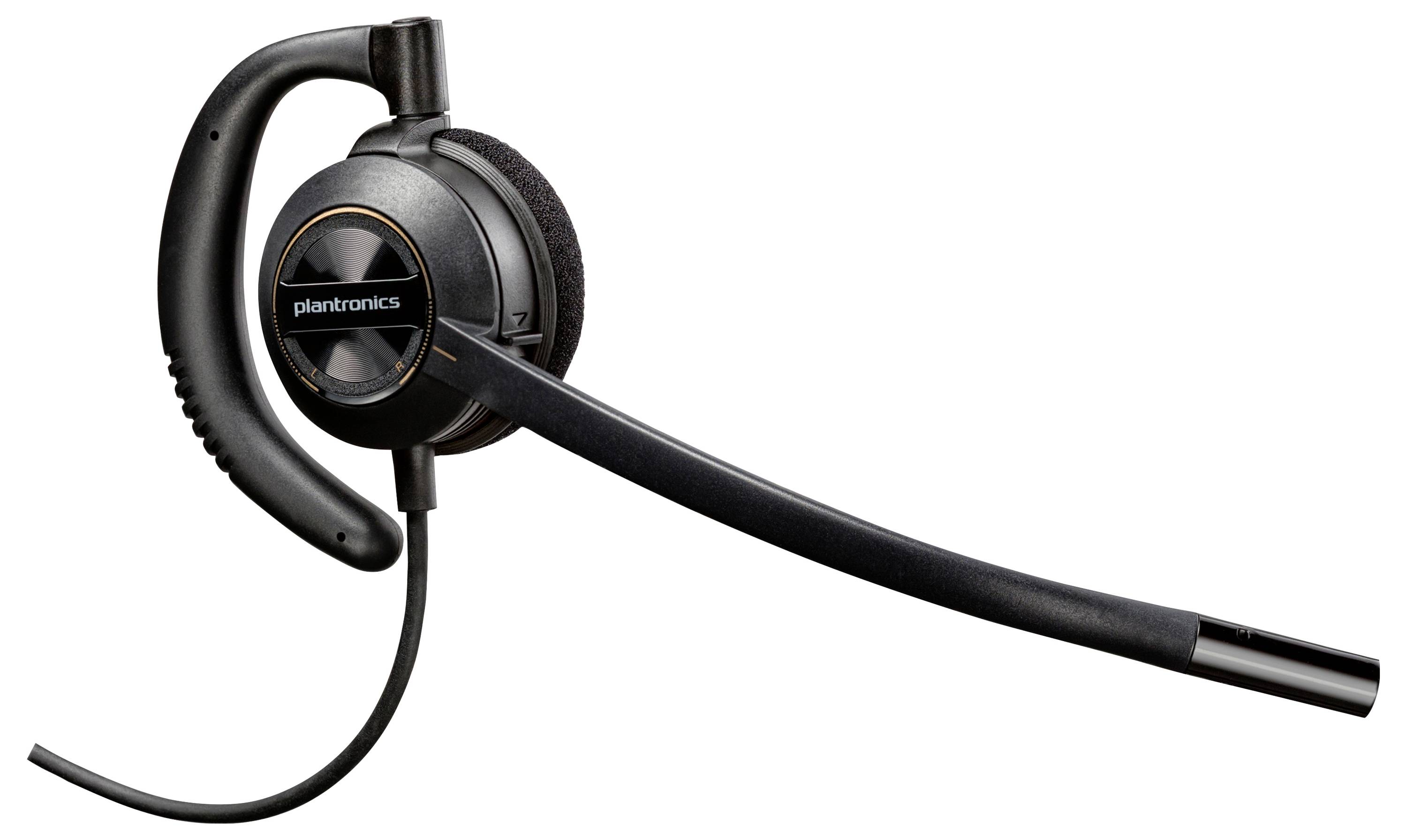 Schwarzes Plantronics Over-Ear-Kopfhörer mit langem Boom-Mikrofon auf weißem Hintergrund