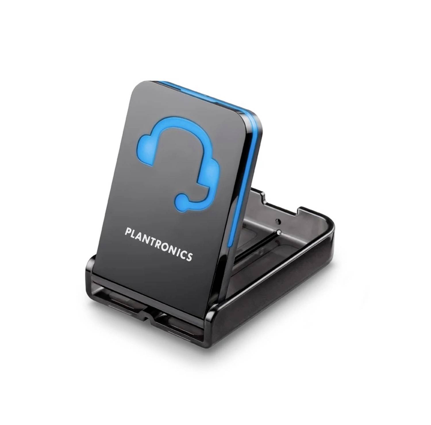 Plantronics kabelloses Headset-Ladedock mit einem schwarzen Headset, das aufrecht in einer Basishalterung ruht, auf weißem Hintergrund dargestellt.