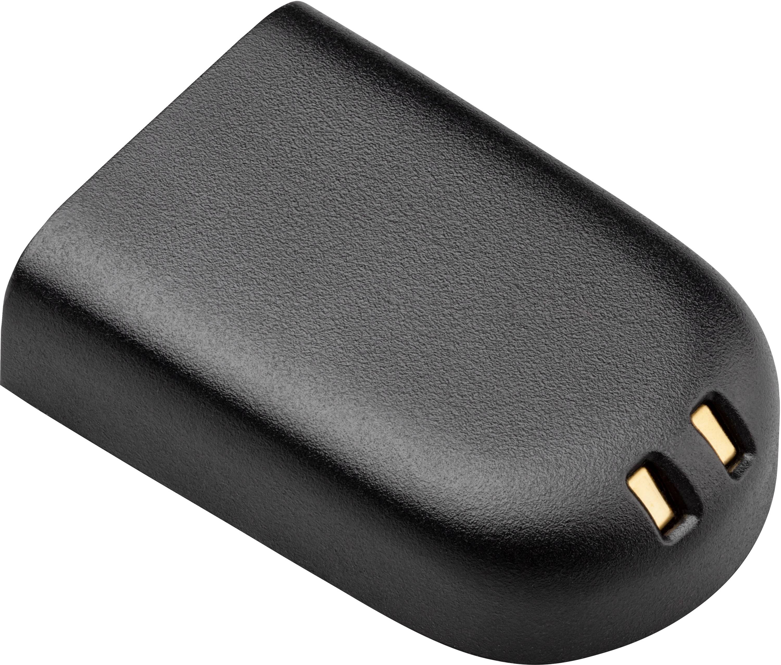 Schwarze rechteckige Batteriepacks mit abgerundeten Kanten und zwei goldenen Kontaktklemmen an einem Ende.